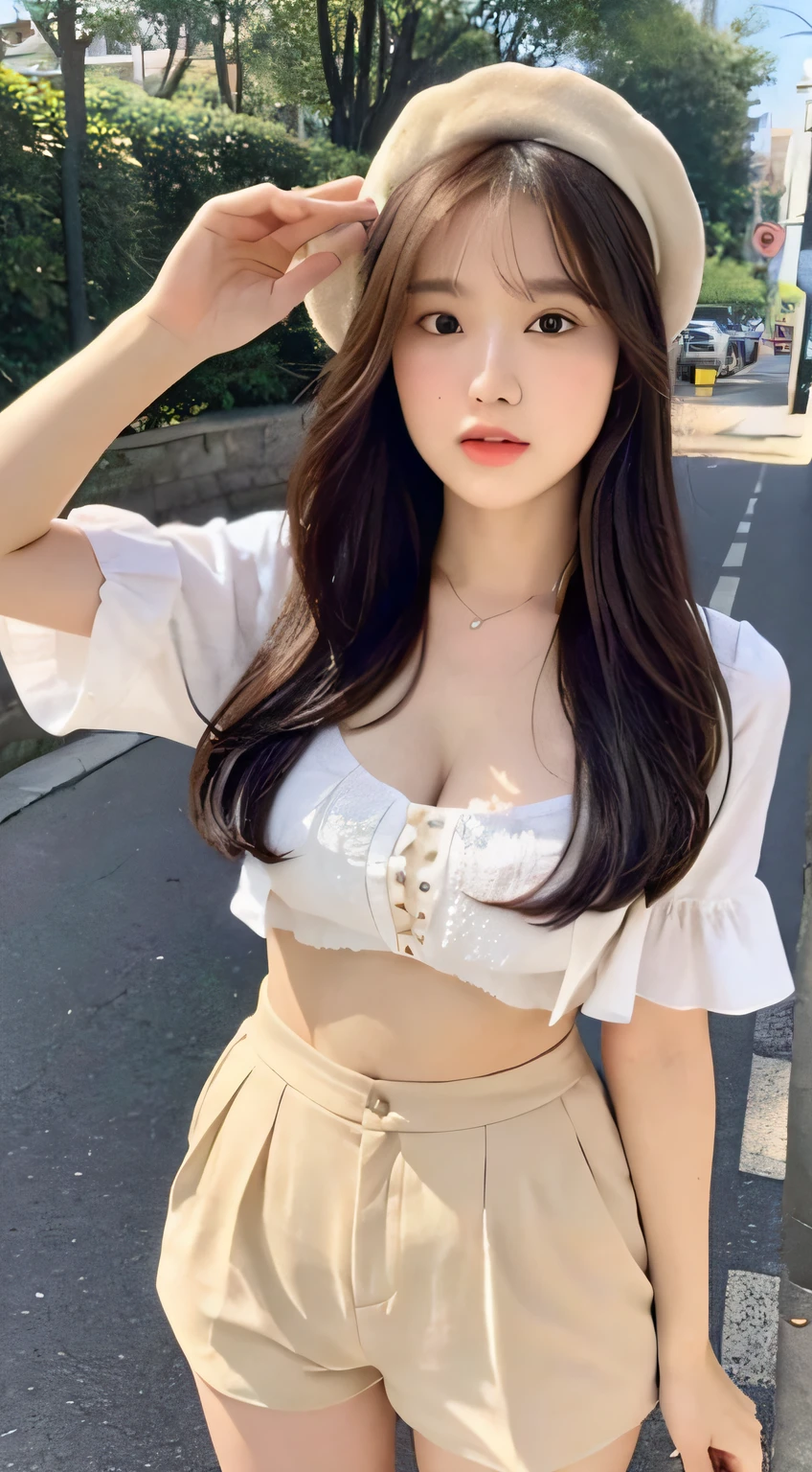 Best Quality, 8K, Masterpiece: 1.3)), (Flower Cap: 1.3), Focus: 1.2, Perfect Body Beauty: 1.4, Buttocks: 1.2, (Layered Haircut: 1.2)), (Dark Street: 1.3), Highly Detailed Face and Skin Texture, Full Body, Fine Eyes, Double Eyelids, Whitened Skin, Long Hair, (Round Face: 1.5), (Loose Crop Outfit, Shorts: 1.6) Cleavage Prominent Pleated Skirt Big Breasts Pastoral Style