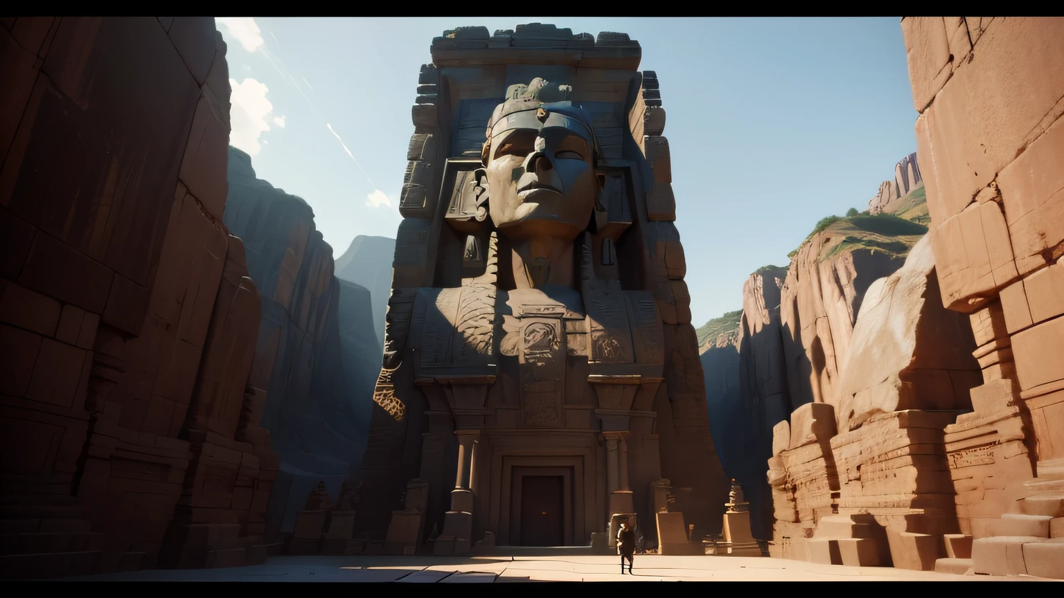 there is a large statue of a man in a canyon, playable trailer, inspired by Enrique Tábara, submerged pre - incan temple, trending on unreal engine, gigantic pillars and flowers, video game screenshot>, gamedesign, the sphinx, the witness, by Kim Du-ryang, moai