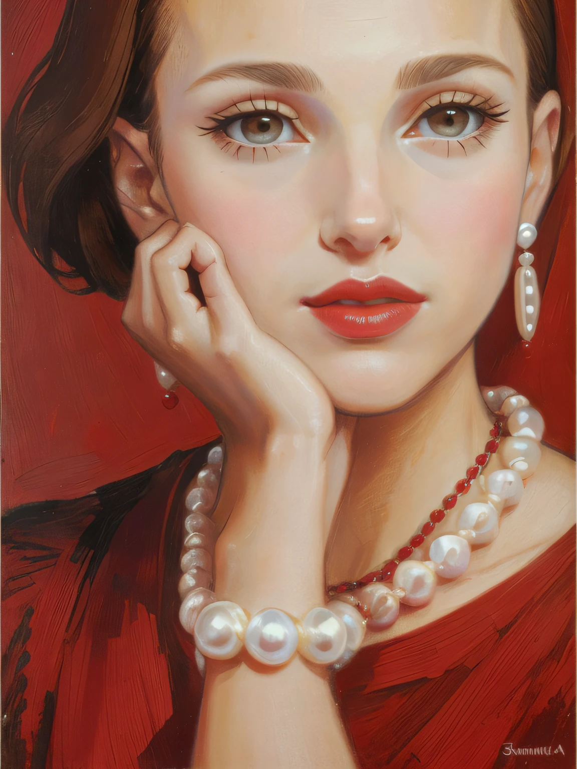 Natalie Portman, Oil painting, Renaissance, Leonardo da Vinci, model, modern style, modern clothing, pop star, cool, short hair red color pearl necklace, earrings, modern makeup, red lipstick --auto --s2