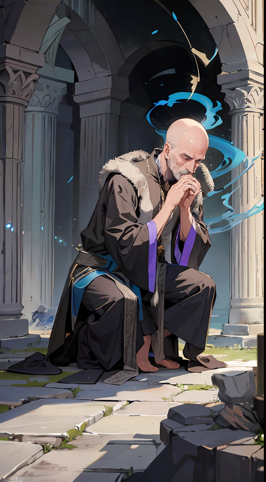 It was an ancient priest who was kneeling on the ground, unable to see his face clearly, muttering to himself, just a bald head, wearing a tattered gray robe, and some ancient fragments of bottles on the ground. There was black smoke around him.
