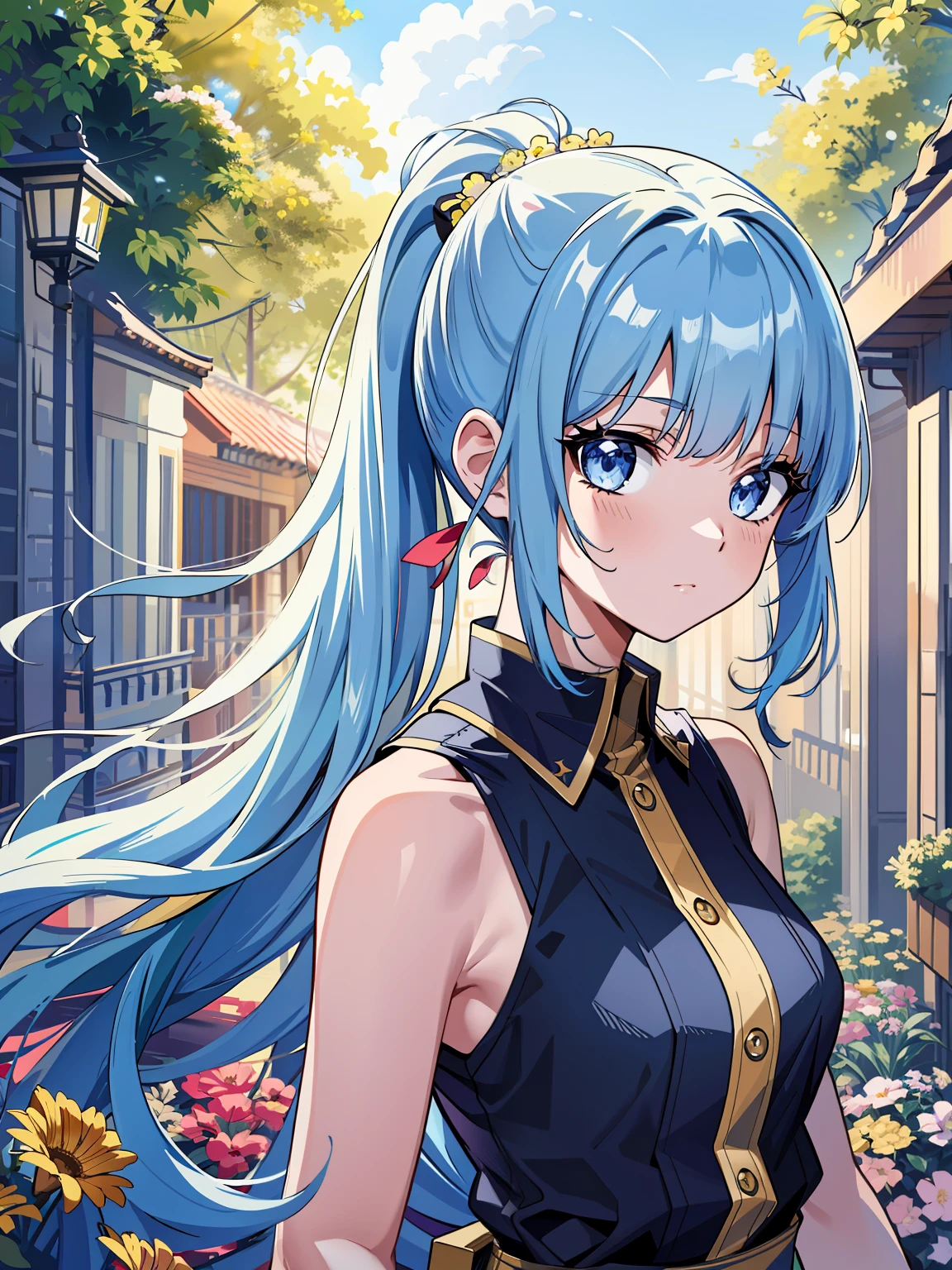 (masterpiece), (best quality), (ultra detailed),(disheveled hair),(illustration), (1girl), (Fashionable clothing), standing, Fashion model, looking at viewer, (interview), (simple background),beautiful detailed eyes, delicate beautiful face, Floating,(high saturation),(colorful splashes),colorful bubble,(shining), focus on face, ponytail, kamisato ayaka, light blue hair, bangs, hair ring, floating flowers, floating hairs, (shining), best lighting, best shadow,