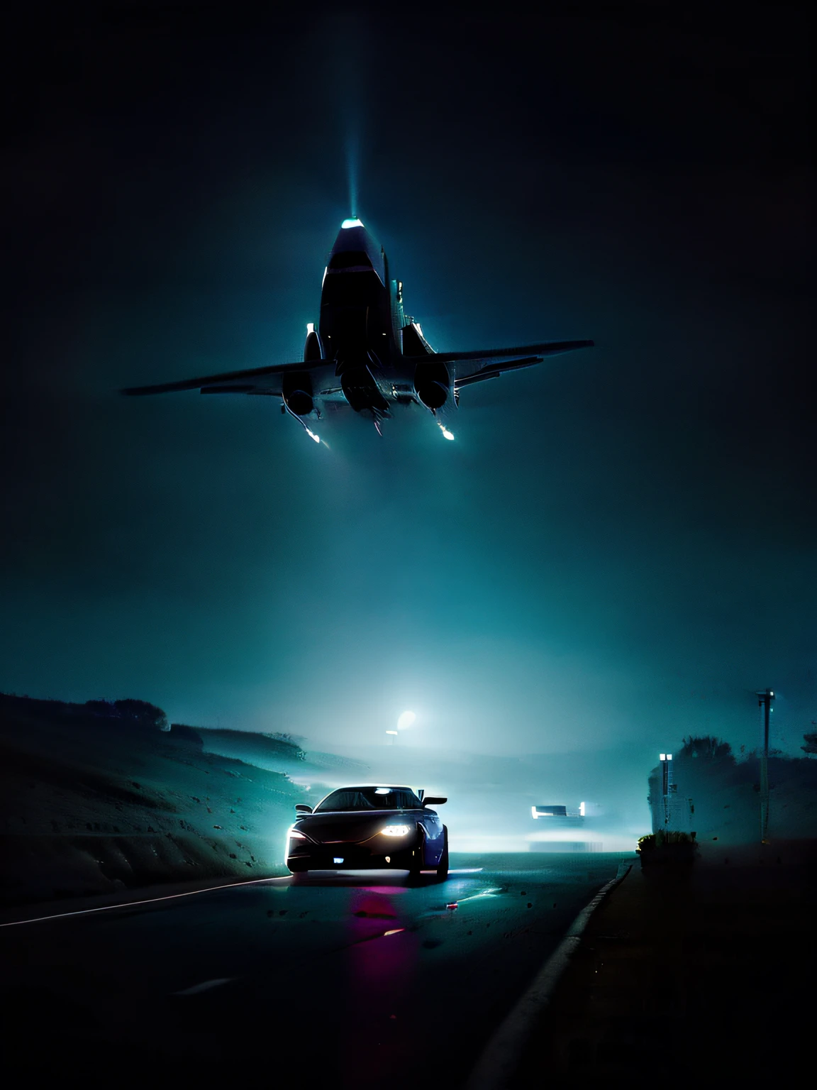 alien ship flying over a car on a foggy road at night, spaceship flies in the distance, flying cars, inspired by Roger Deakins, by Thomas Bock, flying car, in the art style of Filip Hodas, low vision, reminiscent of blade runner, inspired by Simon Stålenhag, landing of UFOs, like a scene from blade runner