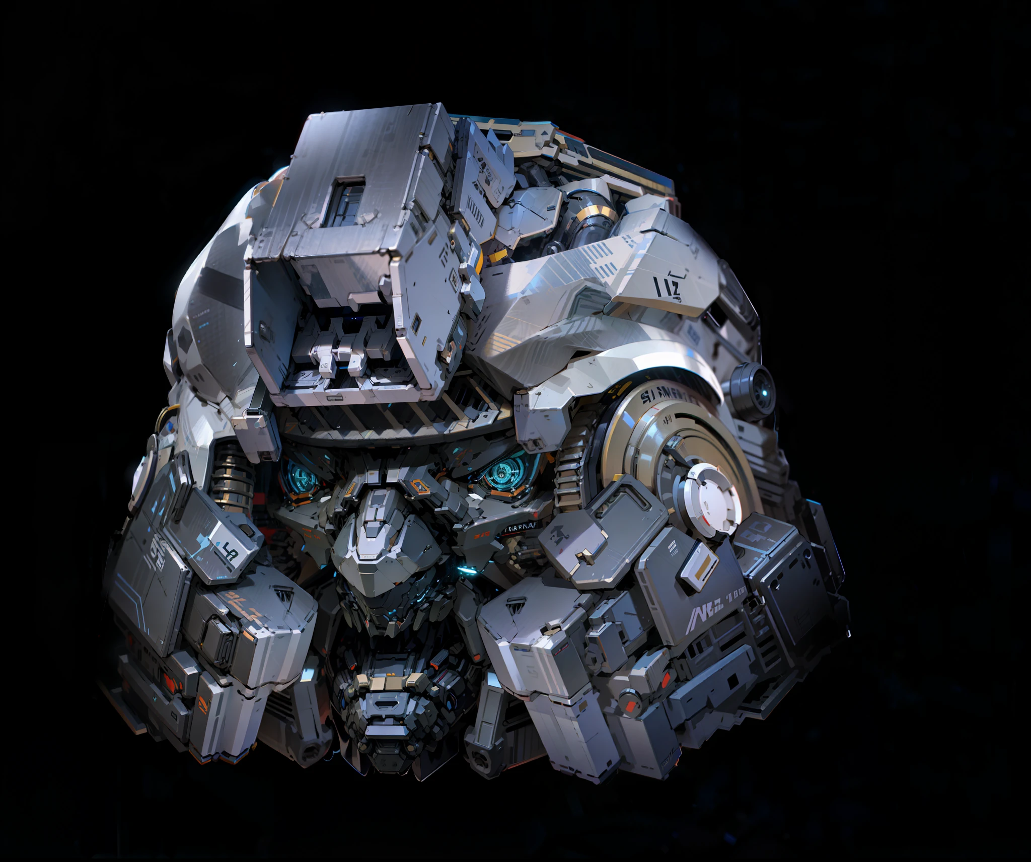 Robot Head, Epic Robot Head, Grey Paint, Machine Structure, Complex, Real, Humanoid Mech, Roland Ziervinskis 3d Render Art, Polycount Contest Winner, Humanoid Mech, 3D Rendered Stylized, Black Background, Beautiful Robot Character Design, Mecha Portrait, Mecha, Tires, Transformers Style, Realism, Right Hands