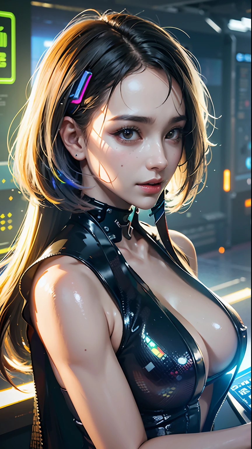 ((Best quality)), ((masterpiece)), (highly detailed:1.3), 3D, beautiful (cyberpunk:1.3) female hacker with thick voluminous hair operating a computer terminal, computer servers, LCD screens, fibre optic cables, corporate logos,HDR (High Dynamic Range),Ray Tracing,NVIDIA RTX,Super-Resolution,Unreal 5,Subsurface scattering,PBR Texturing,Post-processing,Anisotropic Filtering,Depth-of-field,Maximum clarity and sharpness,Multi-layered textures,Albedo and Specular maps,Surface shading,Accurate simulation of light-material interaction,Perfect proportions,Octane Render,Two-tone lighting,Low ISO,White balance,Rule of thirds,Wide aperature,8K RAW,Efficient Sub-Pixel,sub-pixel convolution,luminescent particles, sexy smile