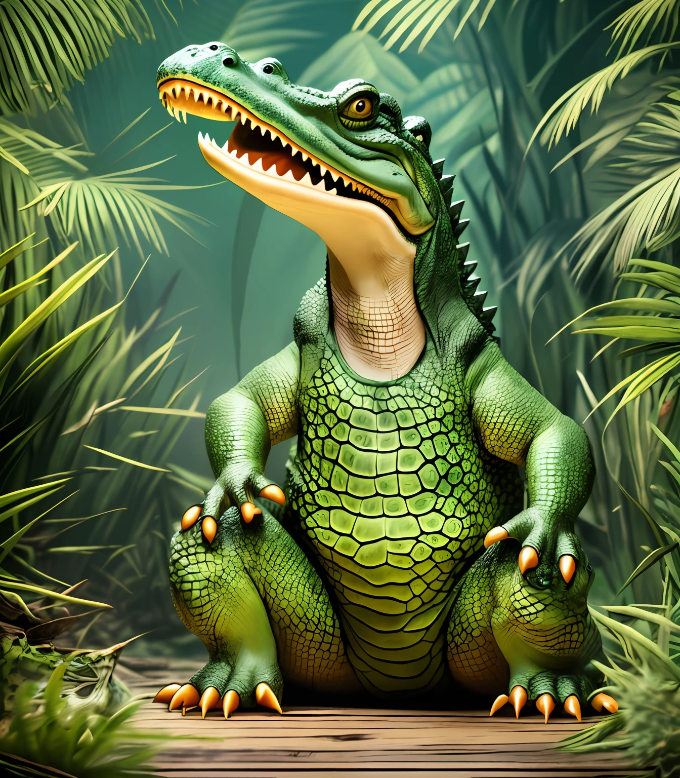 Close up of toy crocodile sitting on wooden platform, anthropomorphic crocodile, crocodile rocky, crocodile shaman, close-up portrait shot, crocodile, crocodile reptile pattern, portrait shooting, incredibly realistic, rendering with keyboard shot, digital painting, frog zilla creature, super realistic 3d illustration