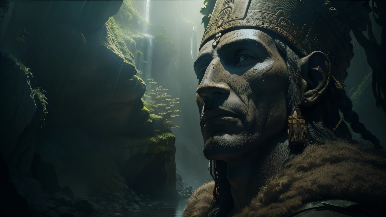 there is a statue of a man with a headdress in a cave, cinematic still frame, inca style, ancient trees, volumetric effect, imax close-up of face, giant moai statues, by Agustín Fernández, by Koloman Sokol, rendered in lumion, 2015 cinematography, quetzal, elaborate matte painting