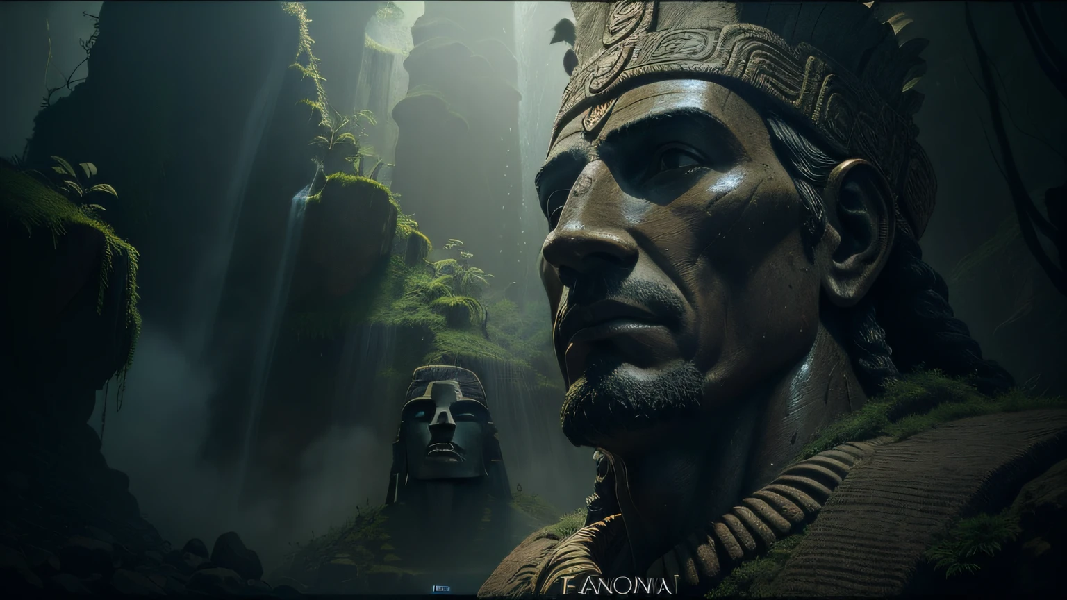 there is a statue of a man with a headdress in a cave, cinematic still frame, inca style, ancient trees, volumetric effect, imax close-up of face, giant moai statues, by Agustín Fernández, by Koloman Sokol, rendered in lumion, 2015 cinematography, quetzal, elaborate matte painting