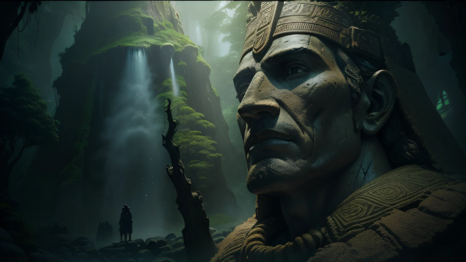 there is a statue of a man with a headdress in a cave, cinematic still frame, inca style, ancient trees, volumetric effect, imax close-up of face, giant moai statues, by Agustín Fernández, by Koloman Sokol, rendered in lumion, 2015 cinematography, quetzal, elaborate matte painting