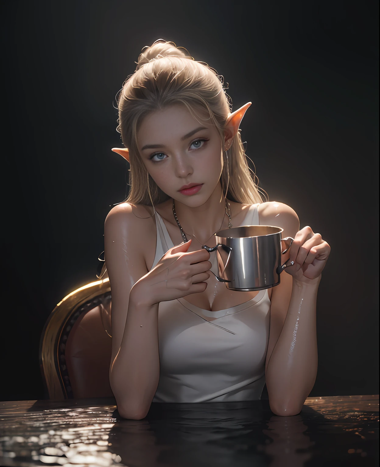 Drinking tea, Movie still image, at night, ((Best Quality, 8k, Masterpiece:1.3)), Focus: 1.2, caucasian blonde with curly hair, long white sleeveless silk robes, dynamic pose, pointy elf ears, native necklaces, and silver bracelets, Perfect Body Beauty: 1.4, ((Long Hair)), (Wet Clothes:1.1) , fantasy city street at night background, Highly detailed face and skin texture, Detailed eyes, Double eyelids, glistening skin, lush colors, volumetric lights, ambient occlusion, rays of light shining trough clouds, cinematic lighting, depth of field, backlight, dark, moody, misty, by greg rutkowski, midnight, moonlight