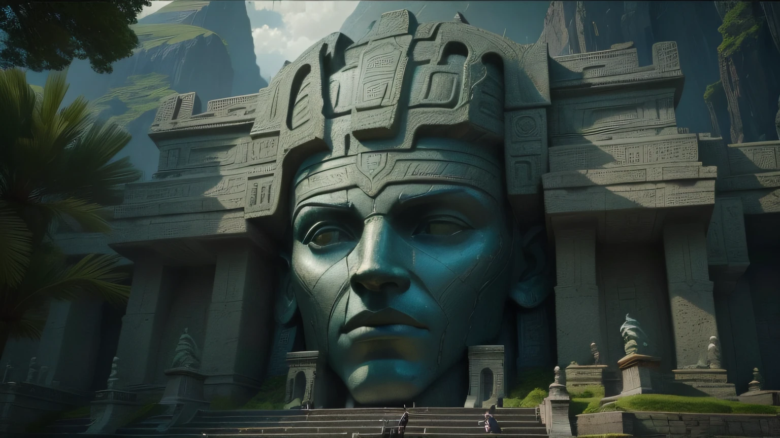 there is a giant statue of a man standing in front of a mountain, film still from 'thor', inspired by Tyler Edlin, ancient india, sexy movie photo, queen of atlantis, gigantic pillars, the sphinx, still frame from a movie, korean mmo, from the mandalorian (2019), egyptian god, still image from the movie, statues