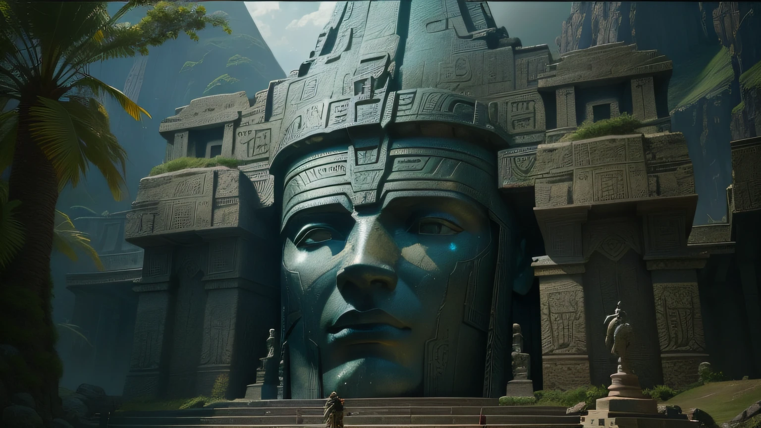 there is a giant statue of a man standing in front of a mountain, film still from 'thor', inspired by Tyler Edlin, ancient india, sexy movie photo, queen of atlantis, gigantic pillars, the sphinx, still frame from a movie, korean mmo, from the mandalorian (2019), egyptian god, still image from the movie, statues