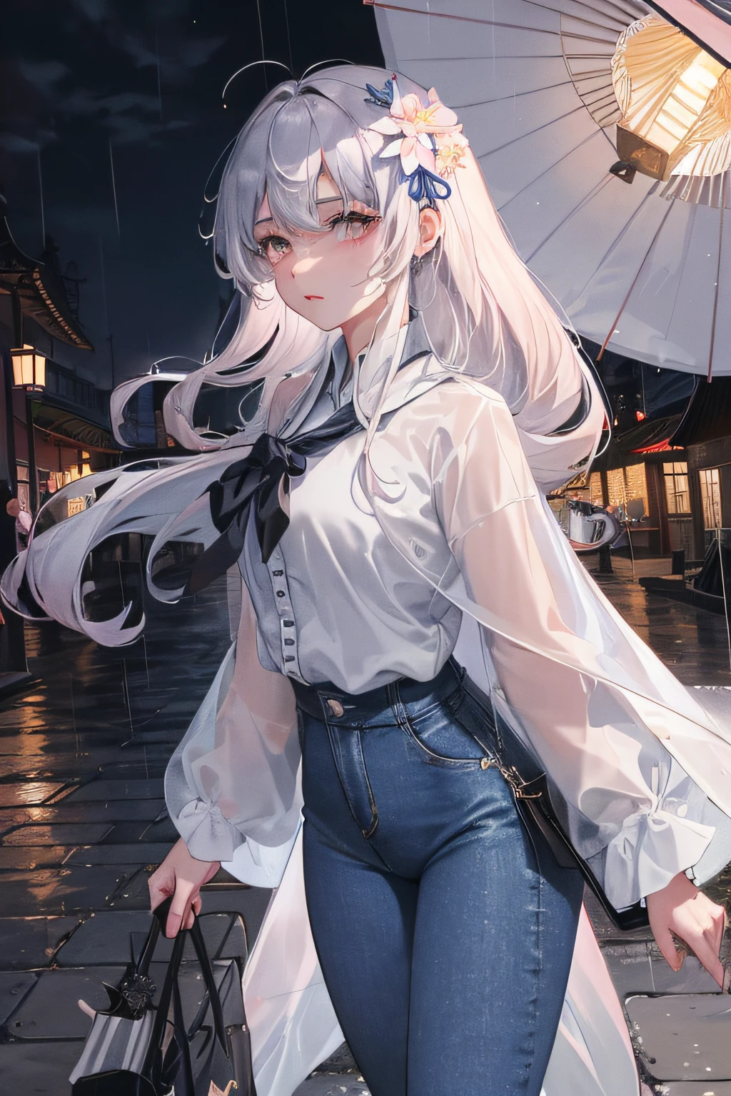 On the rainy playground, the girl hit the umbrella above her head, and held an umbrella in her other hand, blue denim leggings, masterpiece superb night moon full moon 1 female mature woman, Chinese sister royal sister cold face showing silver white long hair woman light pink lips calm intellectual three banded gray elementary school student assassin lantern lantern flower ball background strolling street scene, long hair shawl,
