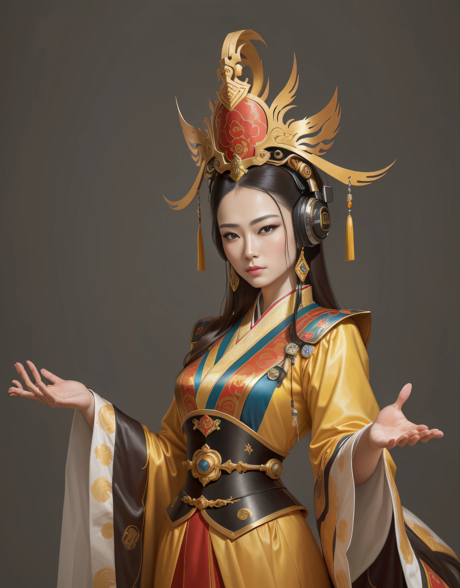 The work is created using realistic oil painting techniques, a female emperor in a gorgeous yellow robe in China, beautiful figure painting, the female emperor of the Tang Dynasty, with a serious expression, Wu Zetian, the palace, a middle-aged woman, gorgeous costumes, the artist uses Leonardo da Vinci's style, skillfully captures every detail, a complete portrait of an electronic master, inspired by Jean Bello, Nicolas Tesla, Gillium Pongiruppi, portraits of characters, Luis Ricardo Ferrero, epic elegant portraits, Santiago Martínez Delgado, Frank Xavier-Linedekerr style digital character concept art, white, science illustration, Magaly Villeneuve, Walt Disney, realistic depiction style of light, realistic depiction of light, simplified and stylized portrait, surreal, animated energy, surreal portrait, sci-fi style miniature headphones