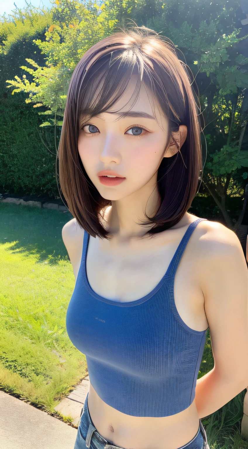 ((Top Quality, 8k, Masterpiece: 1.3)), (BEAV5:1.5)), Japan Women, 1 ((Full Body Photo: 2.0)), Full Body Portrait, Shot from Below, Beautiful Girl with Slender Emphasis: 1.3, Delicate Body, (Short Hairstyle, Small Breasts: 1.2), (Very Slender Abs)), Tube Top Bikini, Outdoor, Ultra Detailed Face, Detailed Eyes, Double Eyelids,