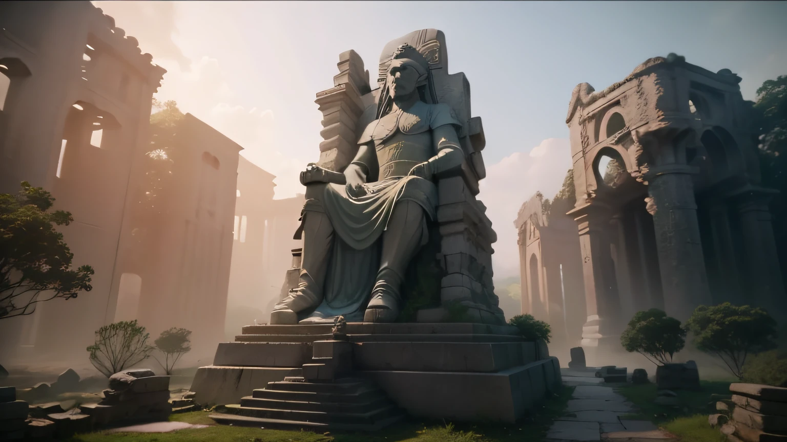 there is a stone statue in the middle of a forest, unreal maya, promotional movie still, by Simon de Vlieger, ruins, by Víctor Manuel García Valdés, aspect ratio 16:9, ps 3 graphics, quetzal, cinema still, filmstill, inspired by James Cadenhead