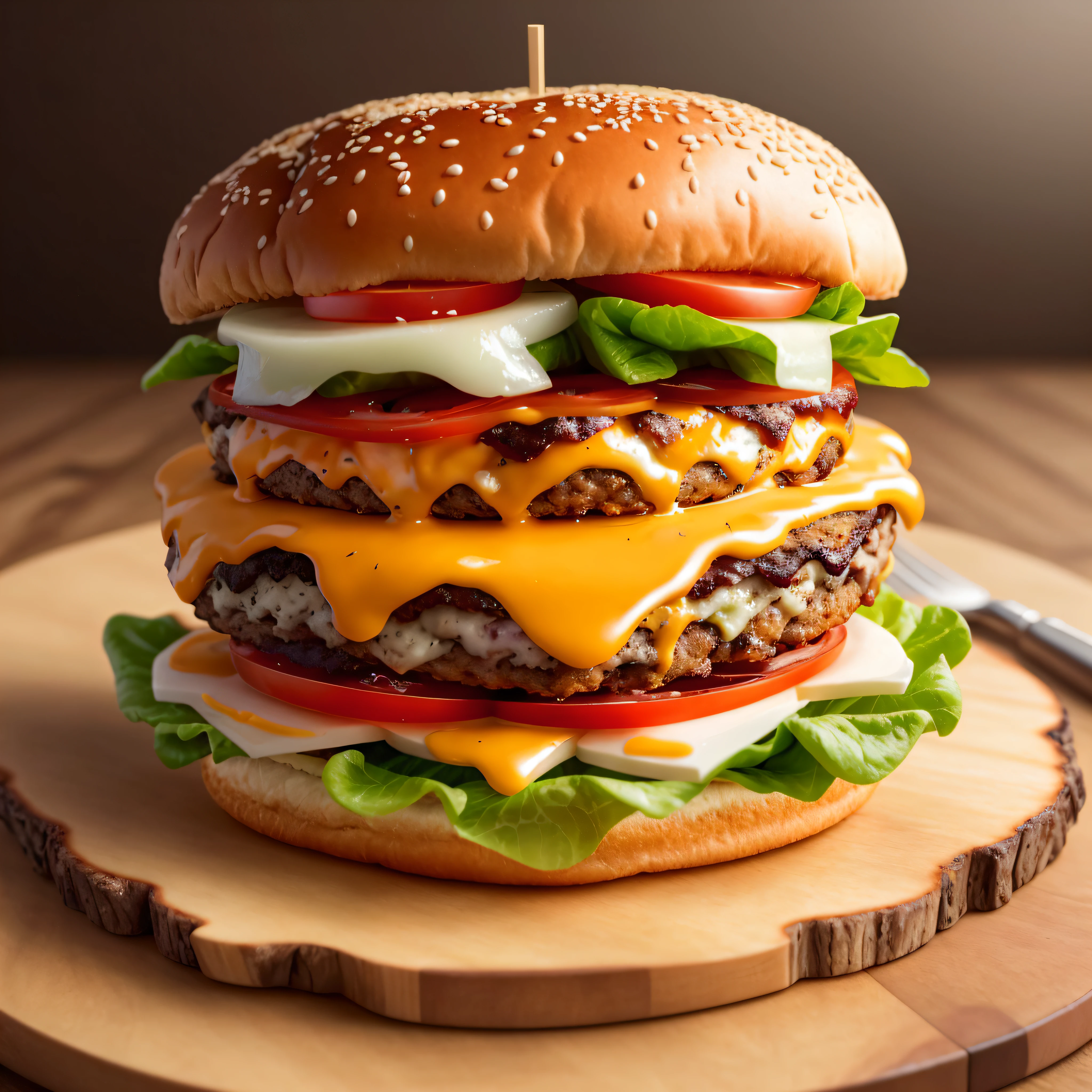 araffe with cheese, lettuce, tomato, and cheese on a wooden board, super realistic food picture, cheeseburger, big juicy burger, hamburger, photo realistic image, burger, burger with a mouth, a hyper realistic, a photorealistic rendering, high quality food photography, high quality 3d realistic, photorealistic illustration, realistic rendering, burger on a plate