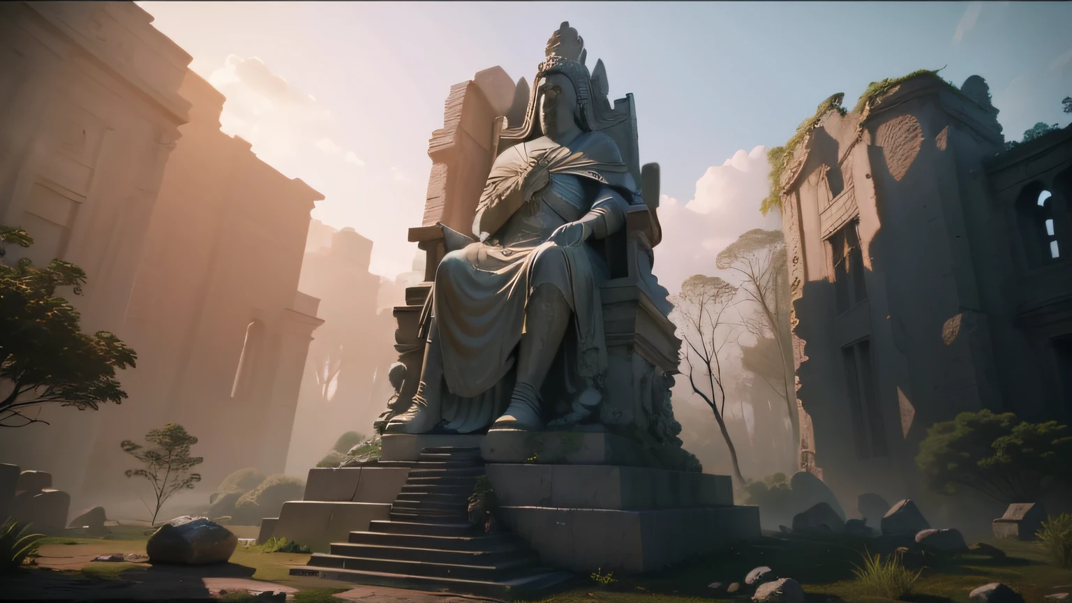 there is a stone statue in the middle of a forest, unreal maya, promotional movie still, by Simon de Vlieger, ruins, by Víctor Manuel García Valdés, aspect ratio 16:9, ps 3 graphics, quetzal, cinema still, filmstill, inspired by James Cadenhead