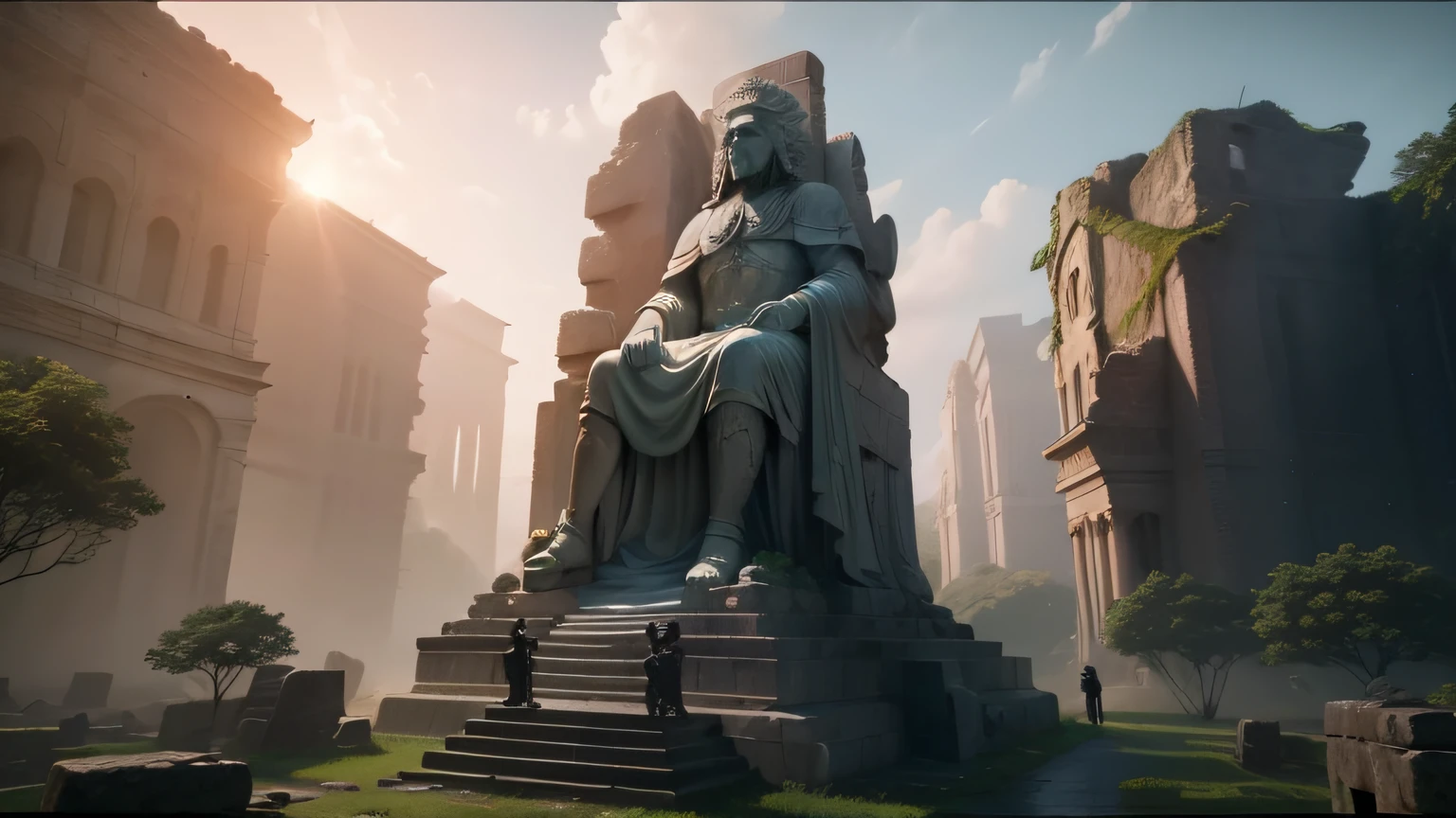 there is a stone statue in the middle of a forest, unreal maya, promotional movie still, by Simon de Vlieger, ruins, by Víctor Manuel García Valdés, aspect ratio 16:9, ps 3 graphics, quetzal, cinema still, filmstill, inspired by James Cadenhead