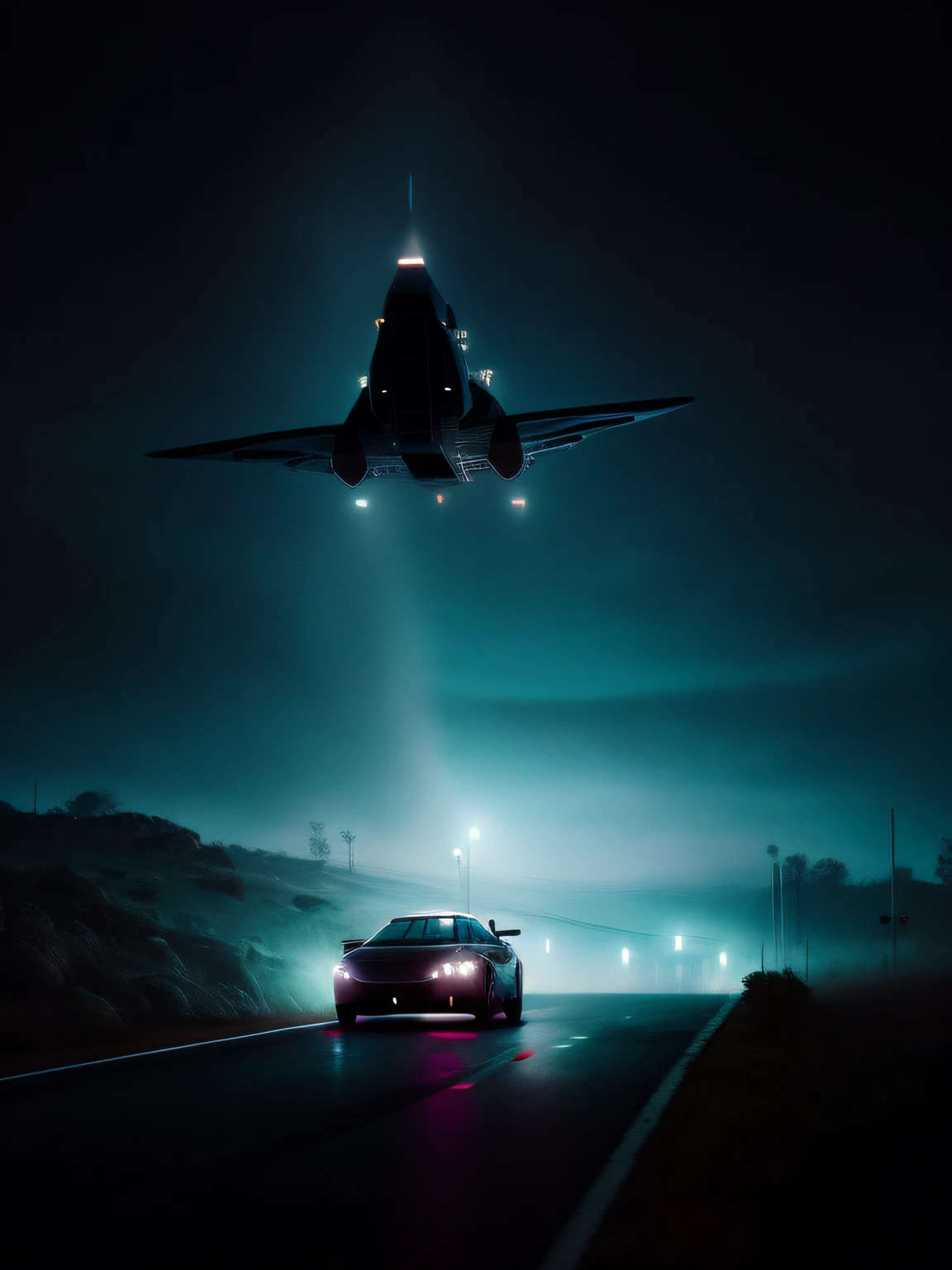 (realistic round ship) alien flying over a well-detailed car on a foggy road at night, spaceship flies in the distance, flying cars, inspired by Roger Deakins, by Thomas Bock, flying car, in the art style of Filip Hodas, low vision, reminiscent of Blade Runner, inspired by Simon Stålenhag, UFO landing, like a blade runner scene
