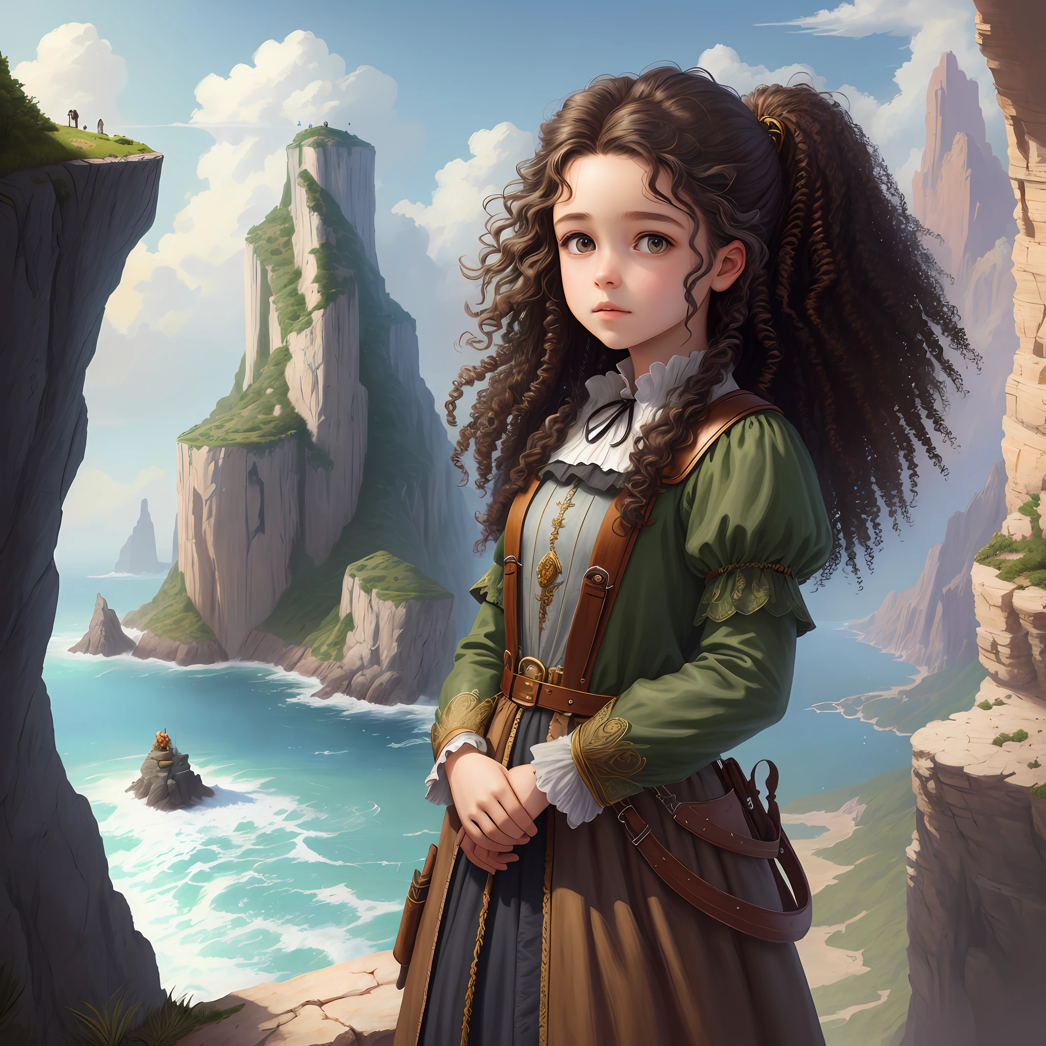 Drawing, fantasy, realism, high detail, rock, cliff, cliff, girl with curly brown hair, looking at the sky, a lizard is visible in the sky, 8kk