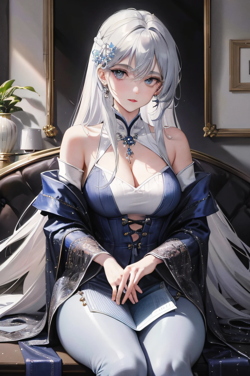 The girl is sitting in the palatial room, wearing a diamond necklace around her neck, her eyes are full of coldness, blue denim leggings, masterpiece superb night moon full moon 1 female mature woman Chinese sister royal sister cold face showing silver white long hair woman light pink lips calm intellectual three banded gray elementary school student assassin lantern lantern flower ball background strolling street scene, long hair shawl,
