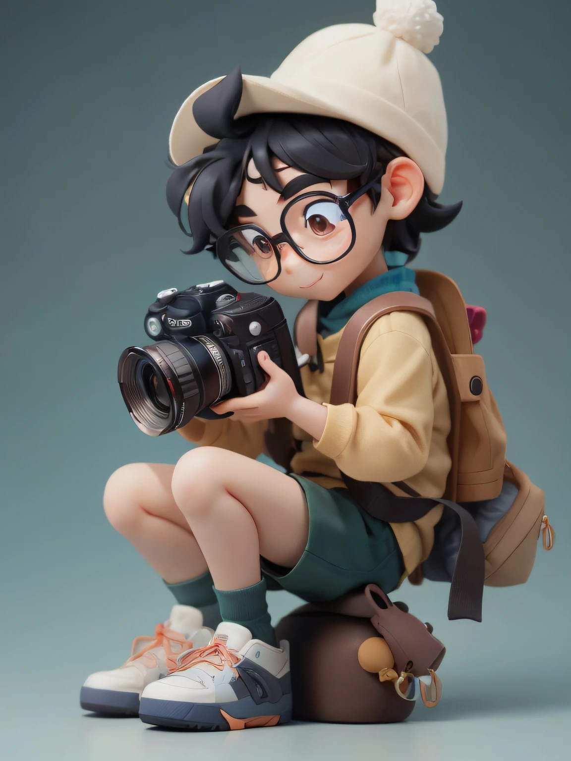 Close-up of a man holding a camera on a table, Guviz style artwork, anime style 3D, cute 3D rendering, explorer mini cute boy, Guvitz masterpiece, toy photography, Lee Jeon-seok, Jung Yanjun, Good smile company anime style, cartoon rendering keyboard, Cheng Yanjun