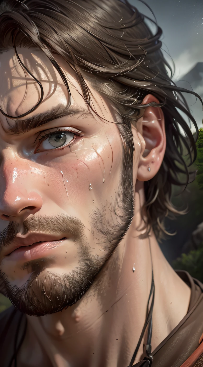 ((best quality), (masterpiece), (detailed)) Intense scene of an explorer named John White on a frantic search of the island. The image depicts artistic realism inspired by the style of artist John White. The composition captures John White's determined expression as he traverses the rugged terrain, searching for clues amid lush vegetation. Accurate lighting highlights every detail of your sweaty, focused face. The realistic color palette faithfully reproduces the nuances of the natural environment around you. Through this perspective, the camera is positioned behind John White, following his journey, conveying a sense of urgency and immersion in the frantic quest.
