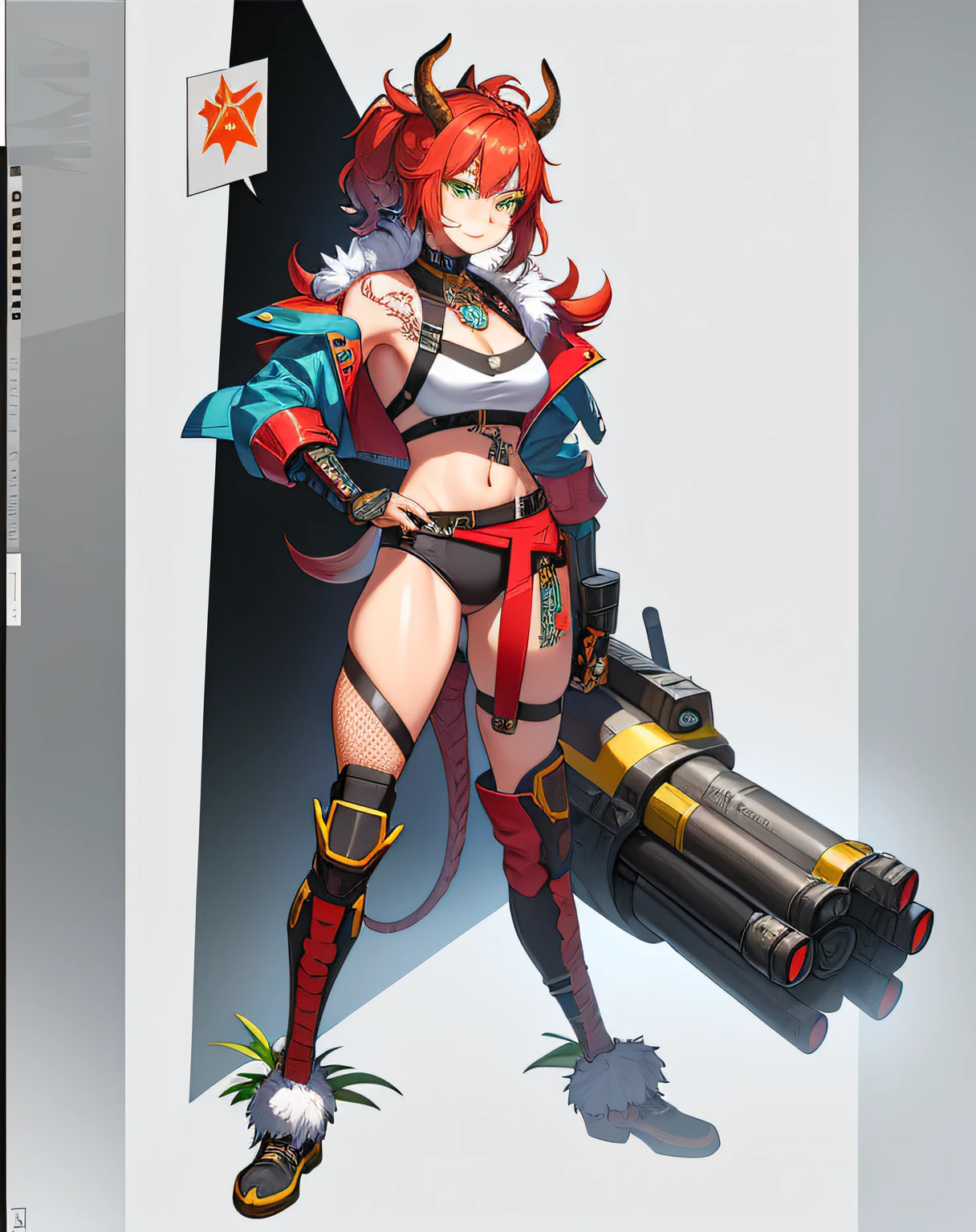 Fire horns, cyberpunk, armor in the style of Horizon Zero Dawn, Red-haired girl, fiery, green eyes, pigtails, a wreath of fire horns on her head, barbarian, a huge techno cannon in her hands, a huntress, bones on the body, insect plates, chitin, fur, small bones, light bones and red fur on the shoulders, dark leather stockings made of strips of cut skin on the legs, ropes and light bones on the body, thin panties, a small bra made of bones, bright red hair, jewelry made of horns, a fur gun. Instead of underpants, rope, bones and chitin, fur shoulder pads and with chitin, a tail of hair on the back of the head, a short haircut, a bionic cannon in the form of the mouth of a wolf, shark, dragon look up. The girl has green eyes, a playful look, a good-natured smile, a neat nose, tight panties, tight thongs, mini-underwear, leaky underwear, torn fabrics, a lot of torn fabrics, a lot of holes in fabrics, a cannon with a monster's head, a cannon barrel in the form of a monster, a flame bursts out of her mouth, a portal in a cannon. The girl has short hair, a ponytail at the back is short and looks up, fur shoulder pads, a jacket on the shoulders, a torn bra, the pubis is open, diagonal straps all over the body, powerful energy escapes from the open toothy mouth of a cannon, a bird's skull on a girl's belly, tattoos, vertebrae on the edges of stockings, cyberpunk, ethnic style of clothing, vintage clothes, worn, prehistoric style, prehistoric jacket, elbow pads made of insects, chitinous cannon, bionic cannon, torn jacket sleeves, chitinous plates on the jacket, flame flashes, cyberpunk, the whole cyberpunk style, a lot of technology, technologies of the future, futurism, science fiction, fantasy, wildness, sexuality, emphasized eroticism, cold lighting, flames from everywhere, a lot of fire, bones on the shoulders, small details on the shoulders, a skull on the belt, the girl has curly hair, tattoos on her face, maximum nudity, diagonals, caveman, prehistoric image,
