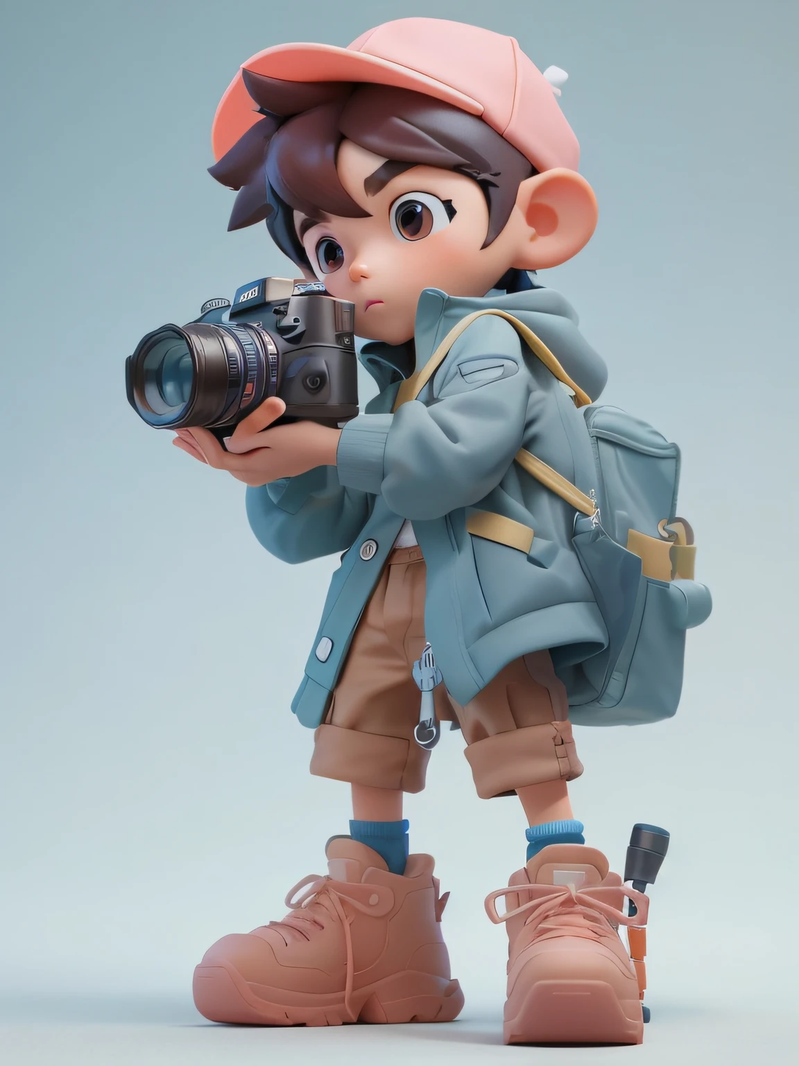 Toy closeup with camera and backpack, cartoon rendering keyboard, color zbrush rendering, toy photography, Lee Jeon-suk, explorer mini cute boy, 3d character art, 3d rendering stylization, 3d character, 3d character, highly detailed character, 3d character, stop motion vinyl action figure