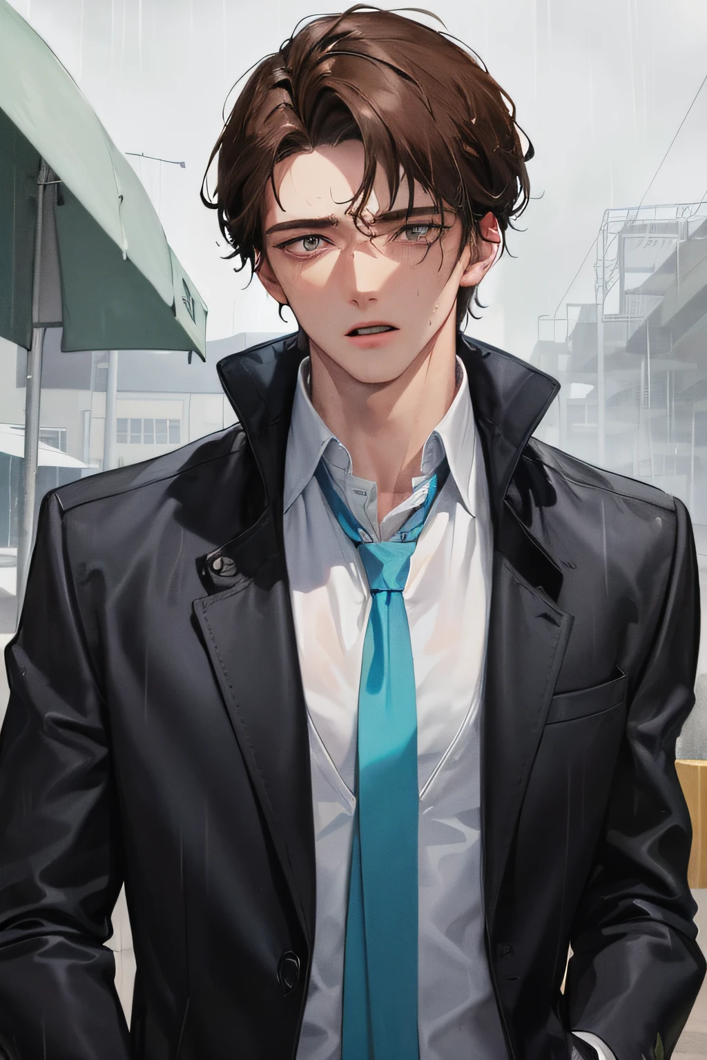 On the plastic runway, on the school playground, heavy rain, man with eyes lowered, half an umbrella over his head, expression a little surprised, (high resolution, distinct_image) superb man, masterpiece, high detail, semi-realistic, brown short hair man, brown hair, short hair, medium hair, 18 years old, young, tall and strong, blackened coat, gray-blue clothes, student, college, , dashing, natural, handsome, authoritarian, powerful aura, exquisite facial features, facial details, man standing on a huge playground, The sky was raining heavily, rain mixed with sweat on the man's body, on the school playground, on the plastic track in the background