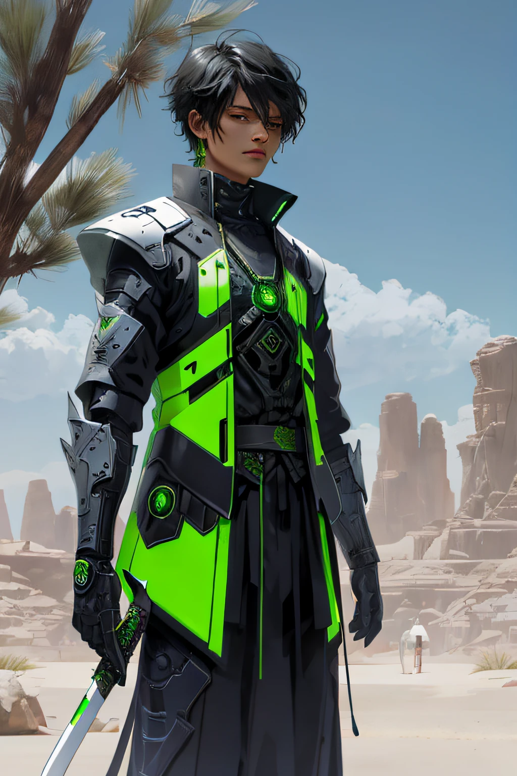 Dominican short hair with futuristic armor, neon green katana in the desert