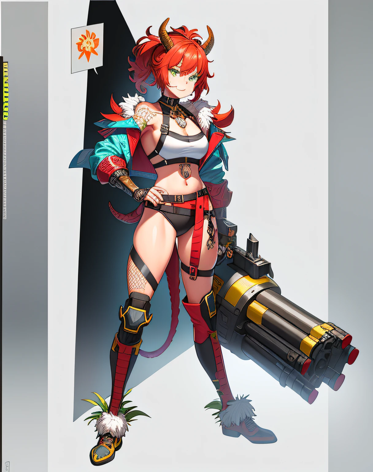 Fire horns, cyberpunk, armor in the style of Horizon Zero Dawn, Red-haired girl, fiery, green eyes, pigtails, a wreath of fire horns on her head, barbarian, a huge techno cannon in her hands, a huntress, bones on the body, insect plates, chitin, fur, small bones, light bones and red fur on the shoulders, dark leather stockings made of strips of cut skin on the legs, ropes and light bones on the body,  thin panties, a small bra made of bones, bright red hair, jewelry made of horns, a fur gun. Instead of underpants, rope, bones and chitin, fur shoulder pads and with chitin, a tail of hair on the back of the head, a short haircut, a bionic cannon in the form of the mouth of a wolf, shark, dragon look up. The girl has green eyes, a playful look, a good-natured smile, a neat nose, tight panties, tight thongs, mini-underwear, leaky underwear, torn fabrics, a lot of torn fabrics, a lot of holes in fabrics, a cannon with a monster's head, a cannon barrel in the form of a monster, a flame bursts out of her mouth, a portal in a cannon. The girl has short hair, a ponytail at the back is short and looks up, fur shoulder pads, a jacket on the shoulders, a torn bra, the pubis is open, diagonal straps all over the body, powerful energy escapes from the open toothy mouth of a cannon, a bird's skull on a girl's belly, tattoos, vertebrae on the edges of stockings, cyberpunk, ethnic style of clothing, vintage clothes, worn, prehistoric style, prehistoric jacket, elbow pads made of insects,  chitinous cannon, bionic cannon, torn jacket sleeves, chitinous plates on the jacket, flame flashes, cyberpunk, the whole cyberpunk style, a lot of technology, technologies of the future, futurism, science fiction, fantasy, wildness, sexuality, emphasized eroticism, cold lighting, flames from everywhere, a lot of fire, bones on the shoulders, small details on the shoulders, a skull on the belt, the girl has curly hair, tattoos on her face, maximum nudity, diagonals, caveman,  prehistoric image,