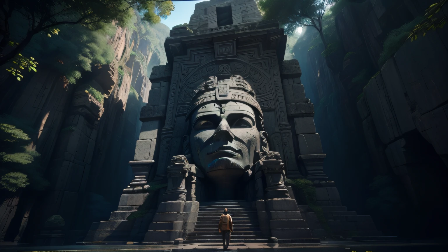 there is a large statue of a man in a canyon, playable trailer, inspired by Enrique Tábara, submerged pre - incan temple, trending on unreal engine, gigantic pillars and flowers, video game screenshot>, gamedesign, the sphinx, the witness, by Kim Du-ryang, moai