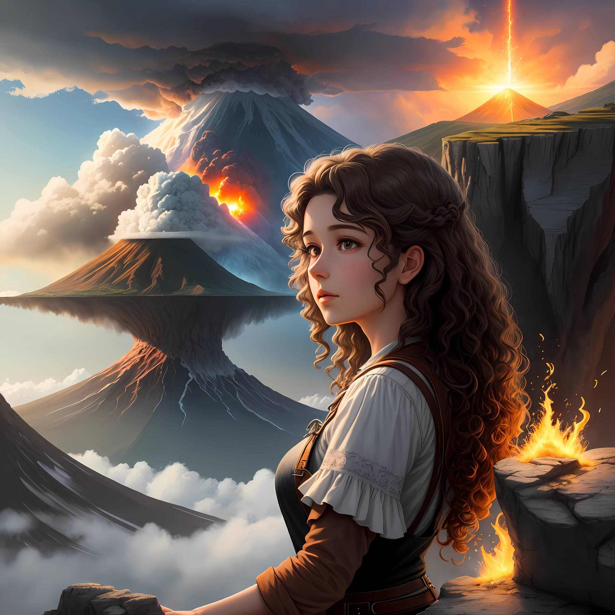 Drawing, fantasy, realism, high detail, rock, cliff, cliff, girl 26 years old with curly brown hair, looking at the sky, erupting volcano, 8kk