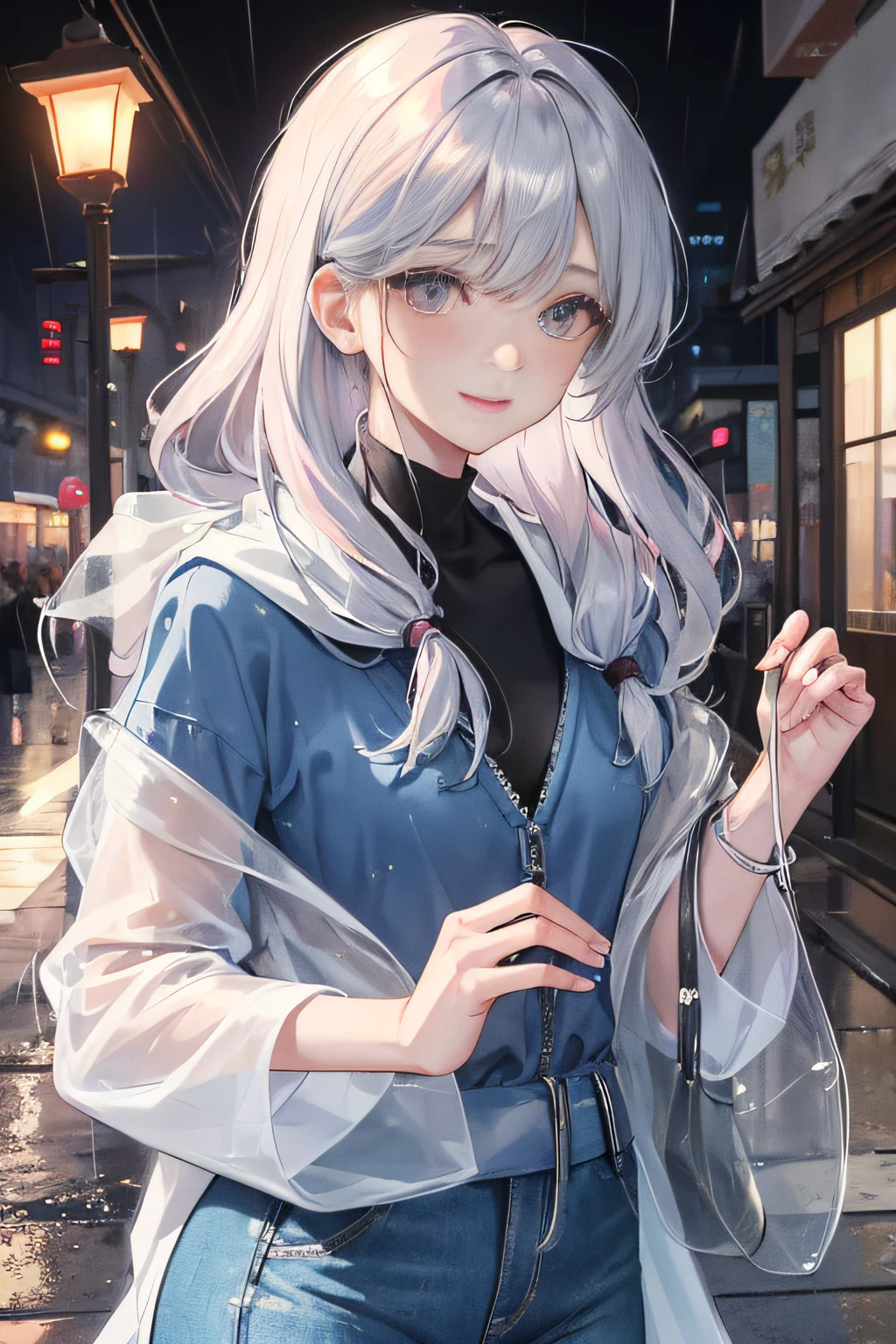 On the rainy playground, the girl hit the umbrella above her head, her face was a little shy, blue denim leggings, with a smile on her face and some distress, masterpiece, the best night moon full moon 1 female mature woman, Chinese sister royal sister, cold face, silver white long-haired woman, light pink lips, calm and intellectual, three banded gray elementary school students, assassins, lanterns, flower balls, background strolling street scene, long hair shawl,