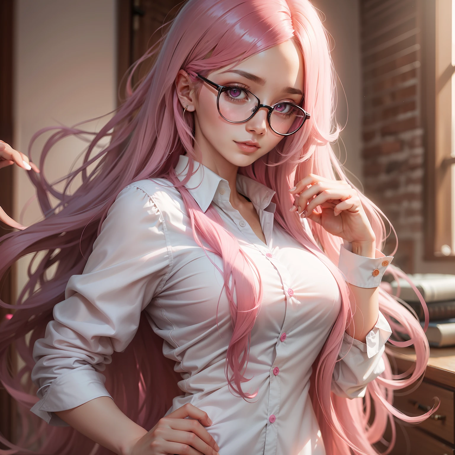 Woman with glasses, wavy long hair, pink hair, pink eyes, white dress shirt