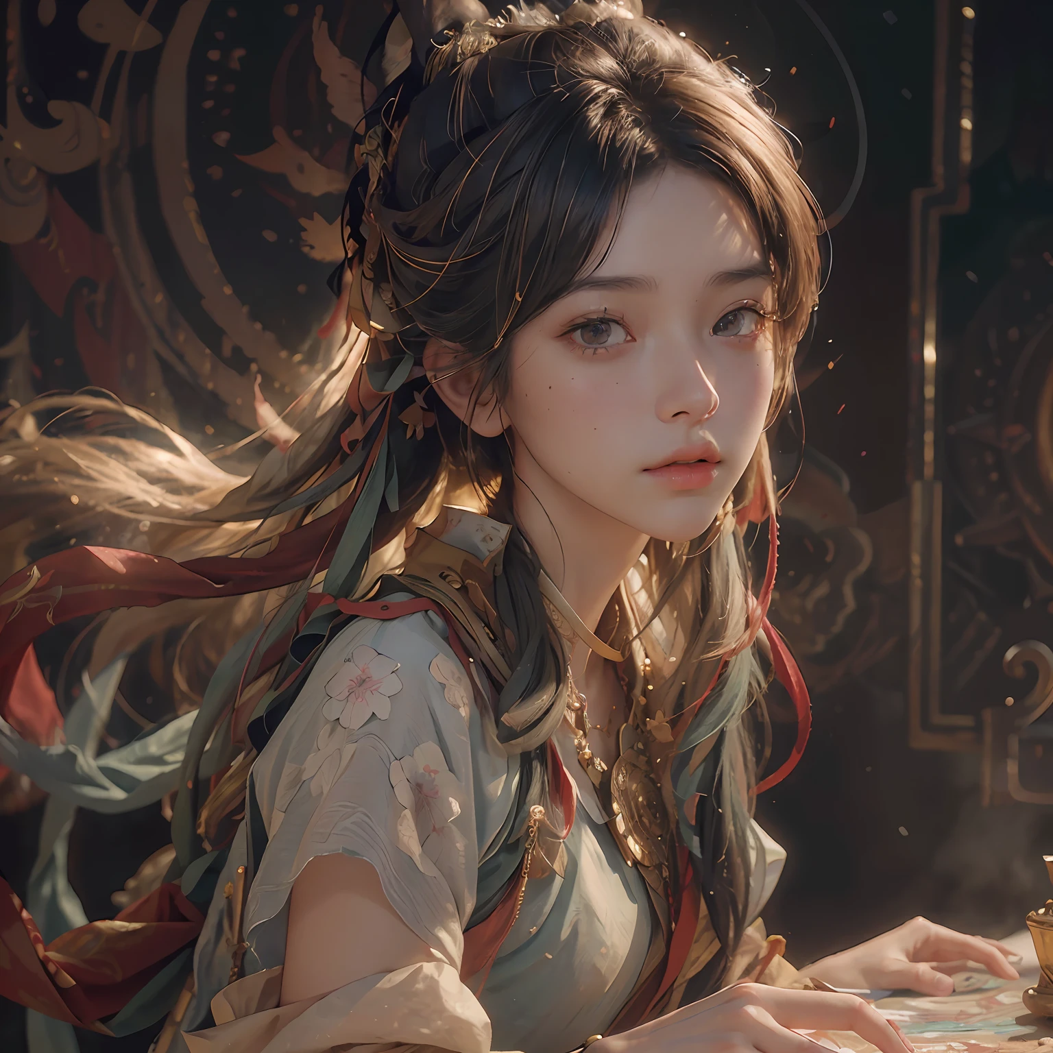 (RAW photo, best quality), (realistic, photo-realistic:1.3),best quality,highly detailed,masterpiece,ultra-detailed,illustration,1girl,upper_body,dynamic angle,world masterpiece theater,messy_long_hair,best quality,extremely detailed CG unity 8k wallpaper,ink,Amazing,cinematic lighting,lens_flare, dunhuang_style