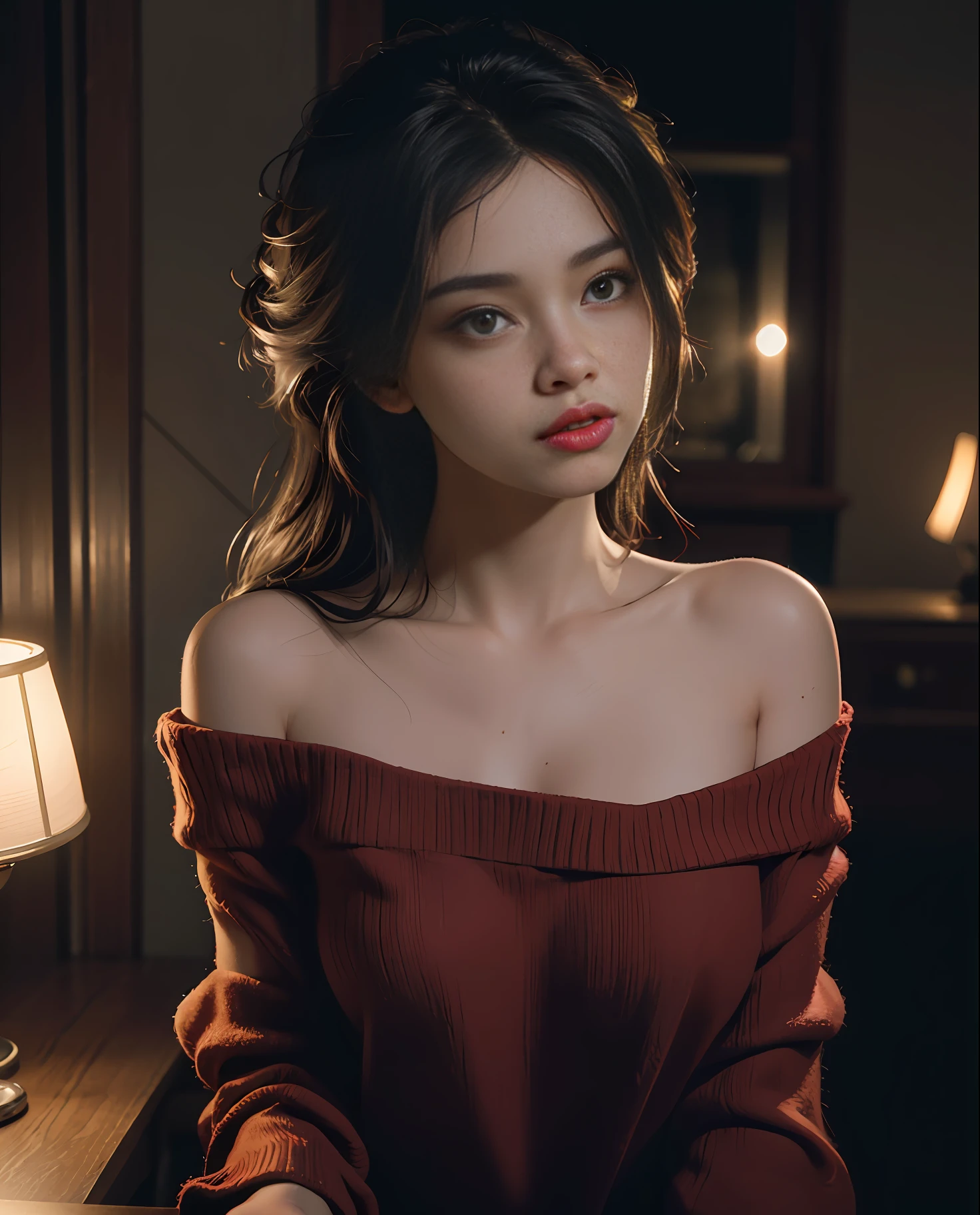 Best quality, masterpiece, ultra high res, (photorealistic:1.4), raw photo, 1girl, off shoulder, cinematic lighting, kiss poses