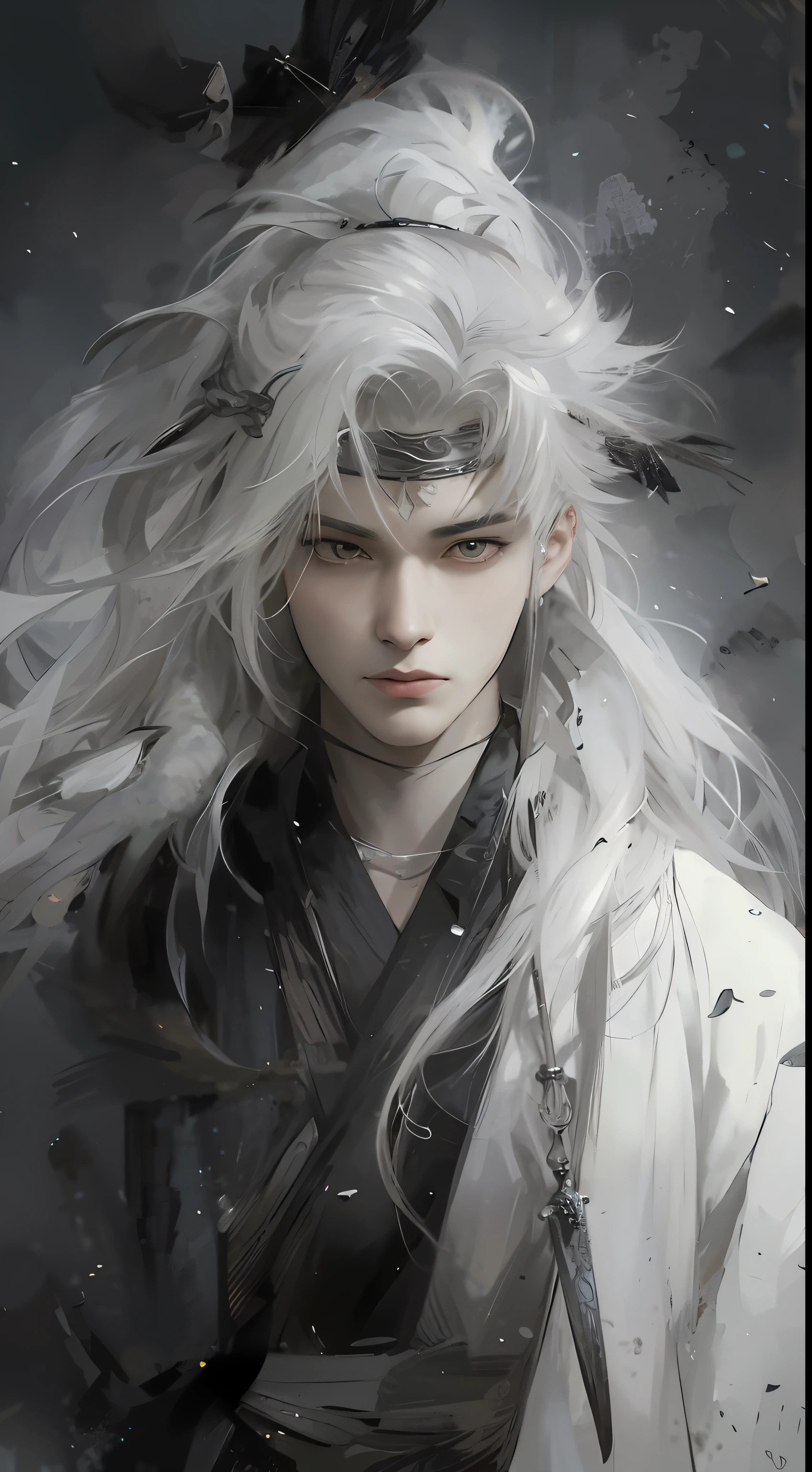 Close-up of a man with white hair and feathers, a white-haired deity, by Yang J, with white hair, handsome guy in demon killer art, Guvitz, Guvitz style artwork, handsome Japanese demon boy, long white hair, by fanci, cloud-like white hair, beautiful figure painting, white hair, black bib, eyes white, with a black bib