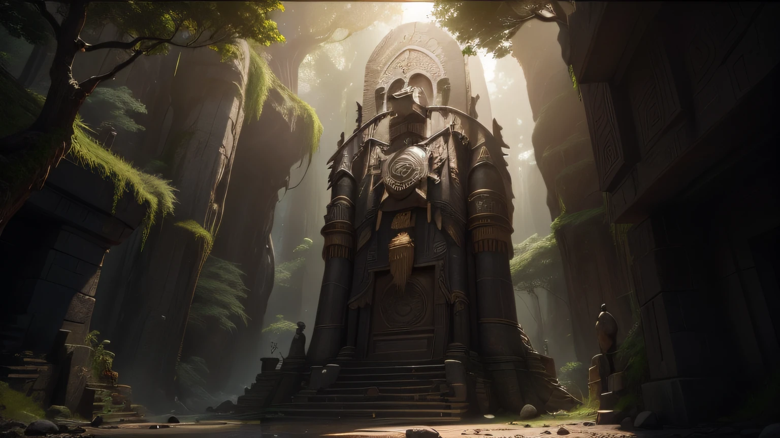 there is a statue of a man with a headdress in a cave, cinematic still frame, inca style, ancient trees, volumetric effect, imax close-up of face, monumental giant palace, by Agustín Fernández, cinematic ilumination, fallen columns, by Alejandro Obregón, 2 0 2 1 cinematic 4 k framegrab, (((unreal engine)))