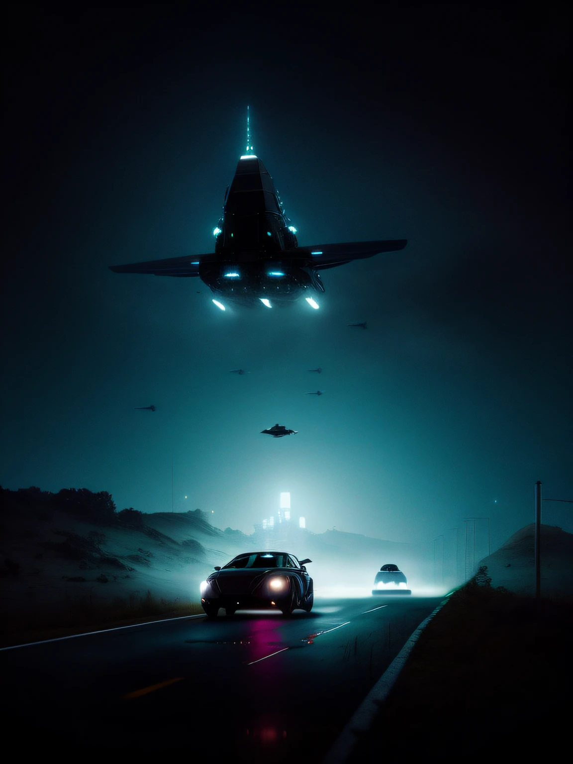 (realistic round ship) alien flying over a well-detailed car on a foggy road at night, spaceship flies in the distance, flying cars, inspired by Roger Deakins, by Thomas Bock, flying car, in the art style of Filip Hodas, low vision, reminiscent of Blade Runner, inspired by Simon Stålenhag, UFO landing, like a blade runner scene