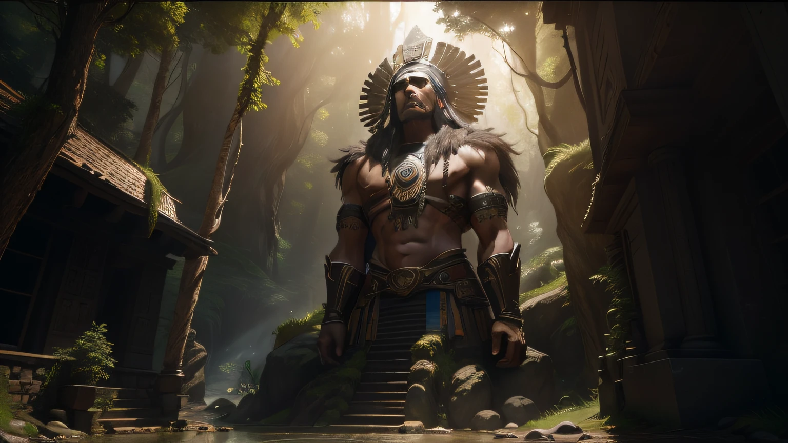 there is a statue of a man with a headdress in a cave, cinematic still frame, inca style, ancient trees, volumetric effect, imax close-up of face, monumental giant palace, by Agustín Fernández, cinematic ilumination, fallen columns, by Alejandro Obregón, 2 0 2 1 cinematic 4 k framegrab, (((unreal engine)))