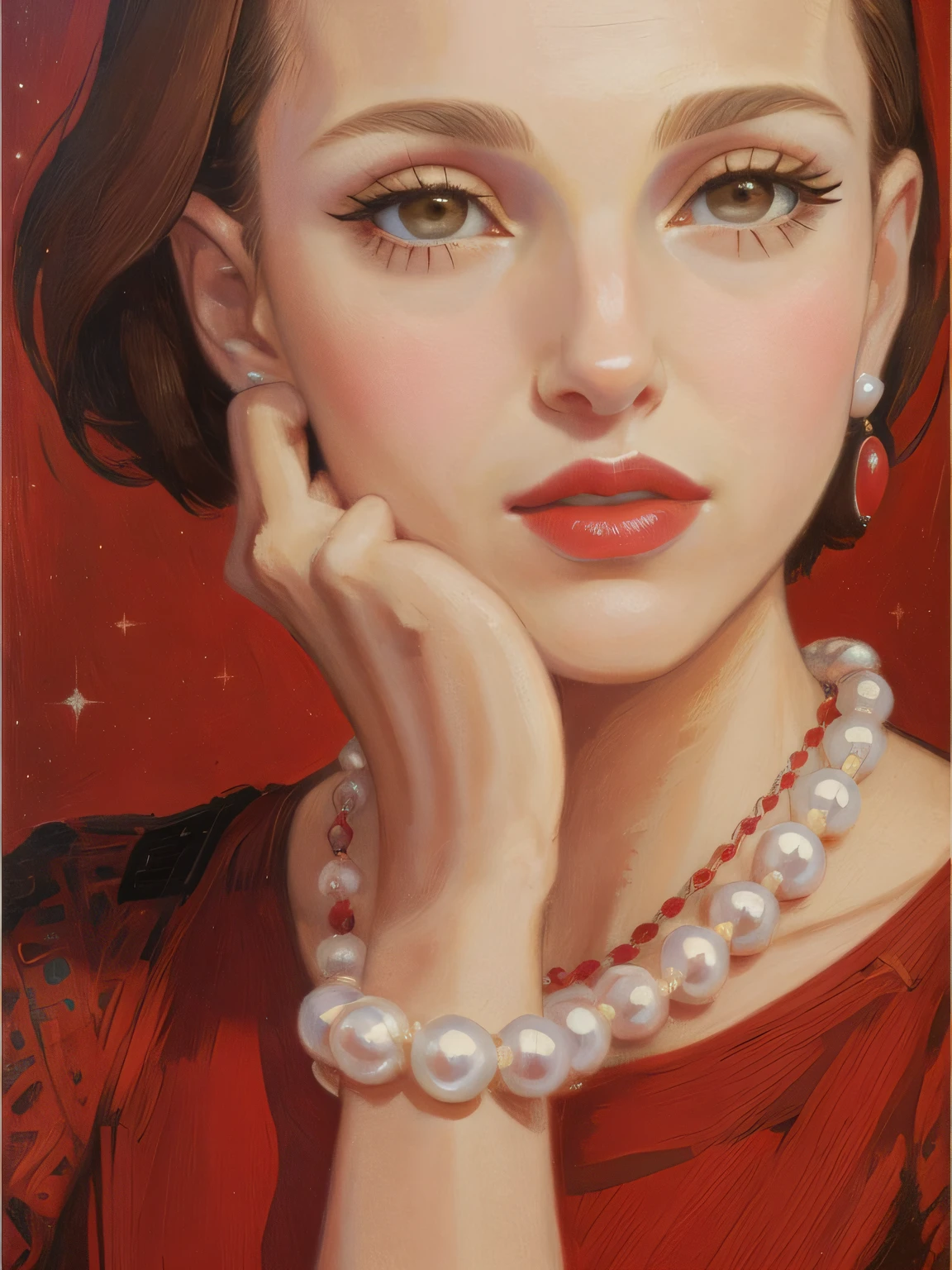 Natalie Portman, Oil painting, Renaissance, Leonardo da Vinci, model, modern style, modern clothing, pop star, cool, short hair red color pearl necklace, earrings, modern makeup, red lipstick, Starry night, dress with black stars, ring, defined strokes --auto --s2