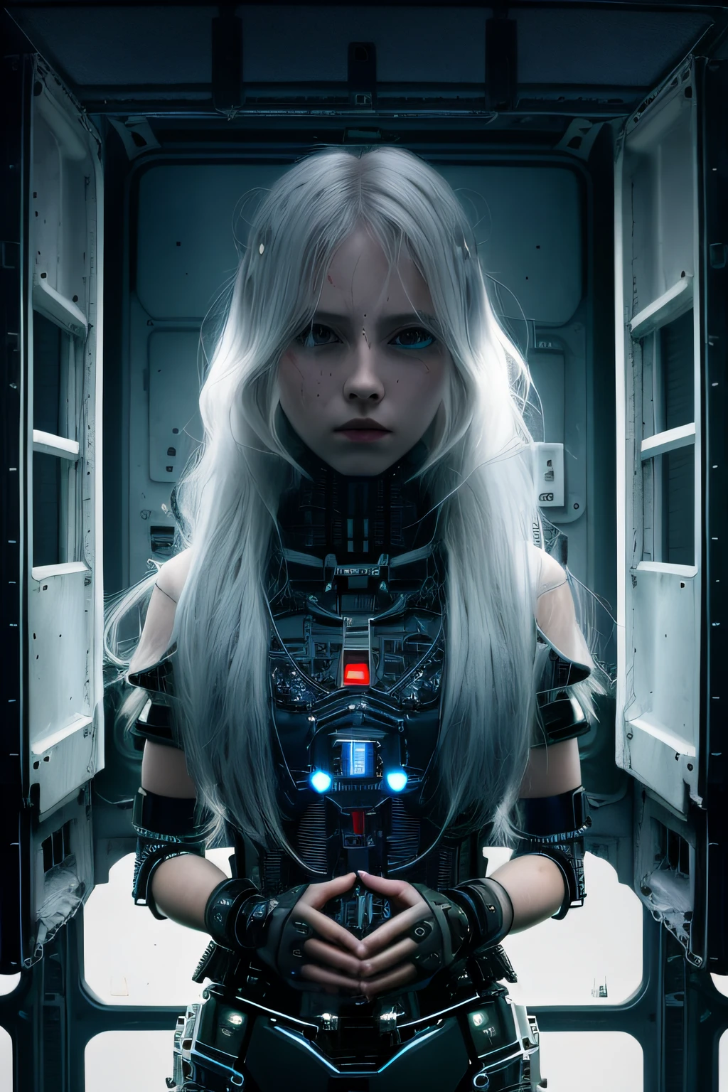 loraggl15, best quality, lying, adventurer, Science fiction, robot armor, tobes, wires, drugs, cables, drugged, machinery, white hair, messy hair, side braid, white skin, blue eyes, (empty eyes:1.5), side braid, mdium breasts, flower in hair, intricate details, detailed hair, cinematic lighting, dazed, expressionless, mind control, looking down, (corruption:1.3), wide shot, mechanical parts, in container, disassembly, dirty, junk, filthy, (cracked skin:1.4),, expressionless, injury, by Zdzislaw Beksinski, solo, chromatic aberration, illustration Negative