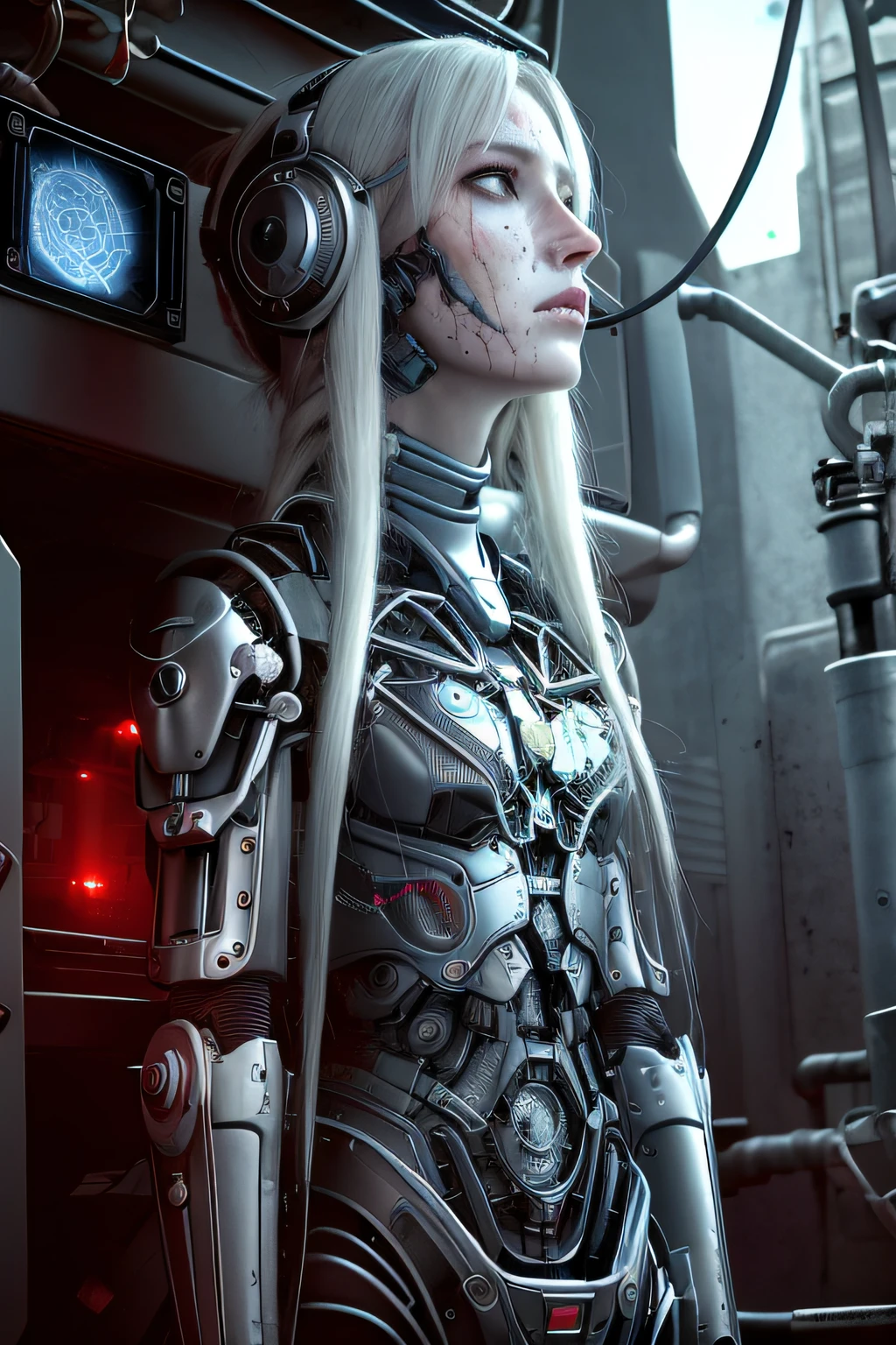 loraggl15, best quality, lying, adventurer, Science fiction, robot armor, tobes, wires, drugs, cables, drugged, machinery, white hair, messy hair, side braid, white skin, blue eyes, (empty eyes:1.5), side braid, mdium breasts, flower in hair, intricate details, detailed hair, cinematic lighting, dazed, expressionless, mind control, looking down, (corruption:1.3), wide shot, mechanical parts, in container, disassembly, dirty, junk, filthy, (cracked skin:1.4),, expressionless, injury, by Zdzislaw Beksinski, solo, chromatic aberration, illustration Negative