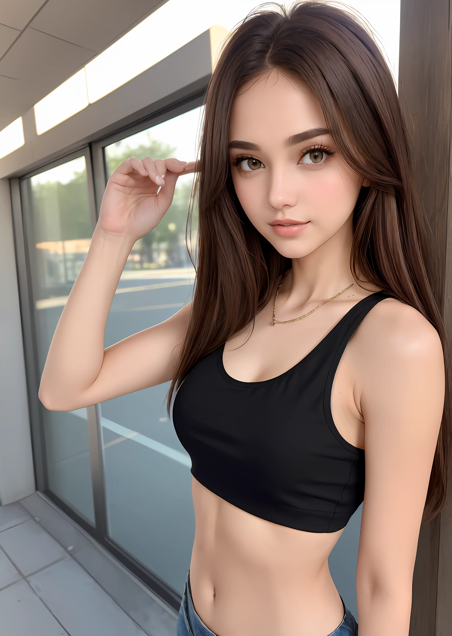 ((Best Quality, 8k, Masterpiece: 1.3)), Full Body, Focus Clear: 1.2, Outstanding Beauty: 1.4, Slender Abs: 1.2, (((Brown Hair, Big: 1.2)), Black Tank Top, Highly Detailed Face and Skin Texture, Detailed Eyes, Double Eyelids
