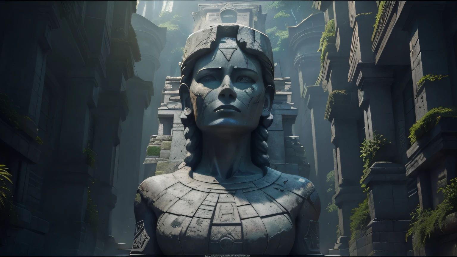 there is a stone statue with a face on it in front of a building, under outer world jungles, film still from 'tomb raider', neo - andean architecture, inspired by Grzegorz Rutkowski, youtube thumbnail, necropolis, realistic fortnite, fallen columns