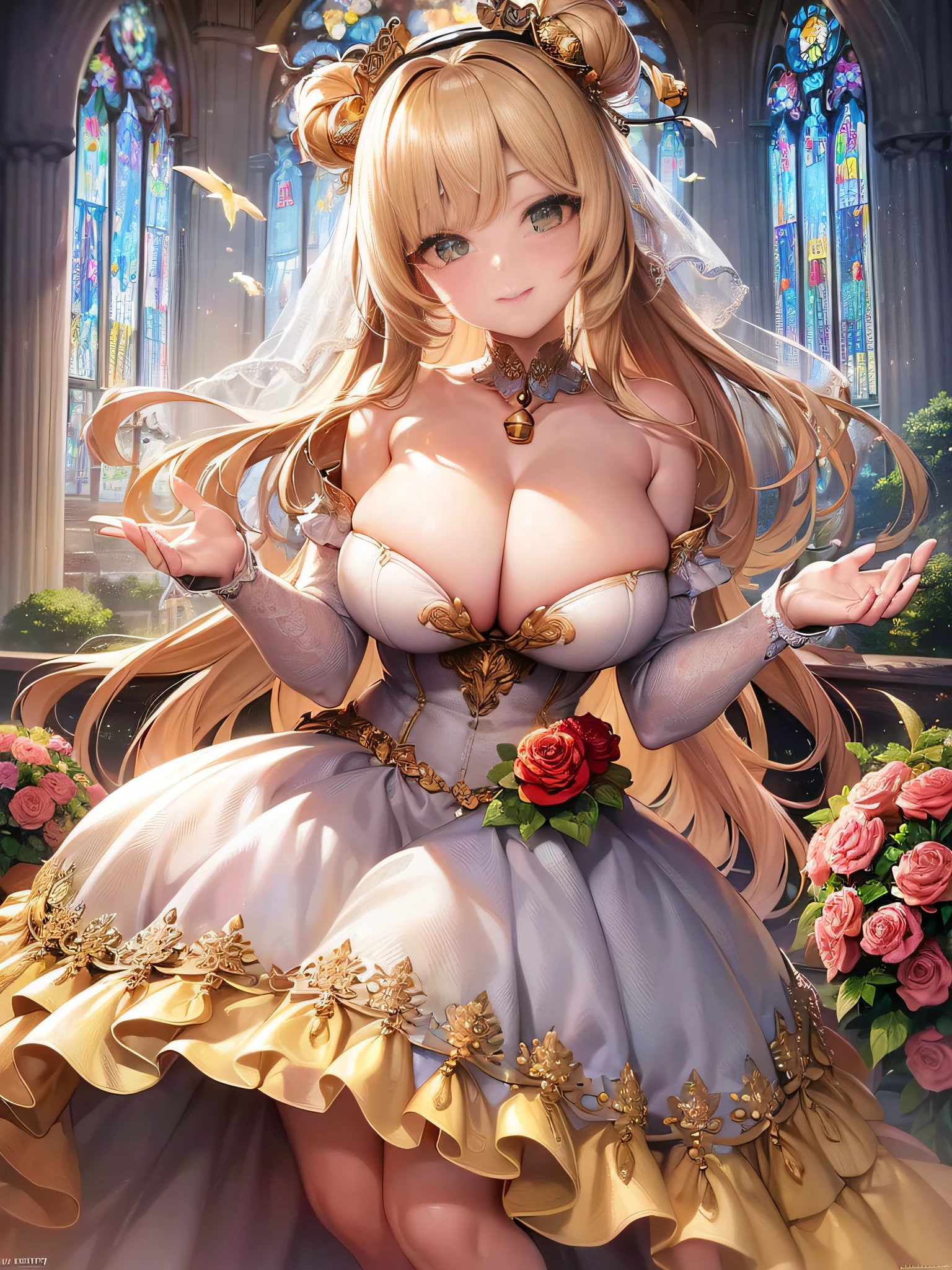 Masterpiece, Best Quality, Official Art, (Highly Detailed CG Unity 8k wallpaper), Detailed background, (Hands by Guido Daniele: 1.1), Feet out of frame, First Person View, 1, Beautiful woman who is attractive and perfect, Blessing Woman, (Curvaceous), (Standing), (((Outstretched hand: 1.4, Upturned palm: 1.14)))), ((Goddess: 1.4, Beautiful Angel: 1.4, Big Angel Wings))), (Bridal Gauntlet, Gorgeous Pure White Dress, Pure White Large Skirt, Gold Ornaments, Bridal Garter, Bridal Legwear, White Thighs: 1.12), (Blonde Long Hair: 1.12), (Ahoge: 1.13), (High Ponytail: 1.12), (Green Eyes: 1.13), Look at the Beholder, Big, (cleavage), Beautiful Face, (Blush : 1.11), (Smile: 1.11), Outdoors, in the back, castle, church, (sunlight shining through stained glass), (Flower garden, countless petals, beautiful flower decorations), (((Bouquet of blessings: 1.4, Blessing bell, luxurious blessing venue, beautiful white bird is flying))), cheers, joy