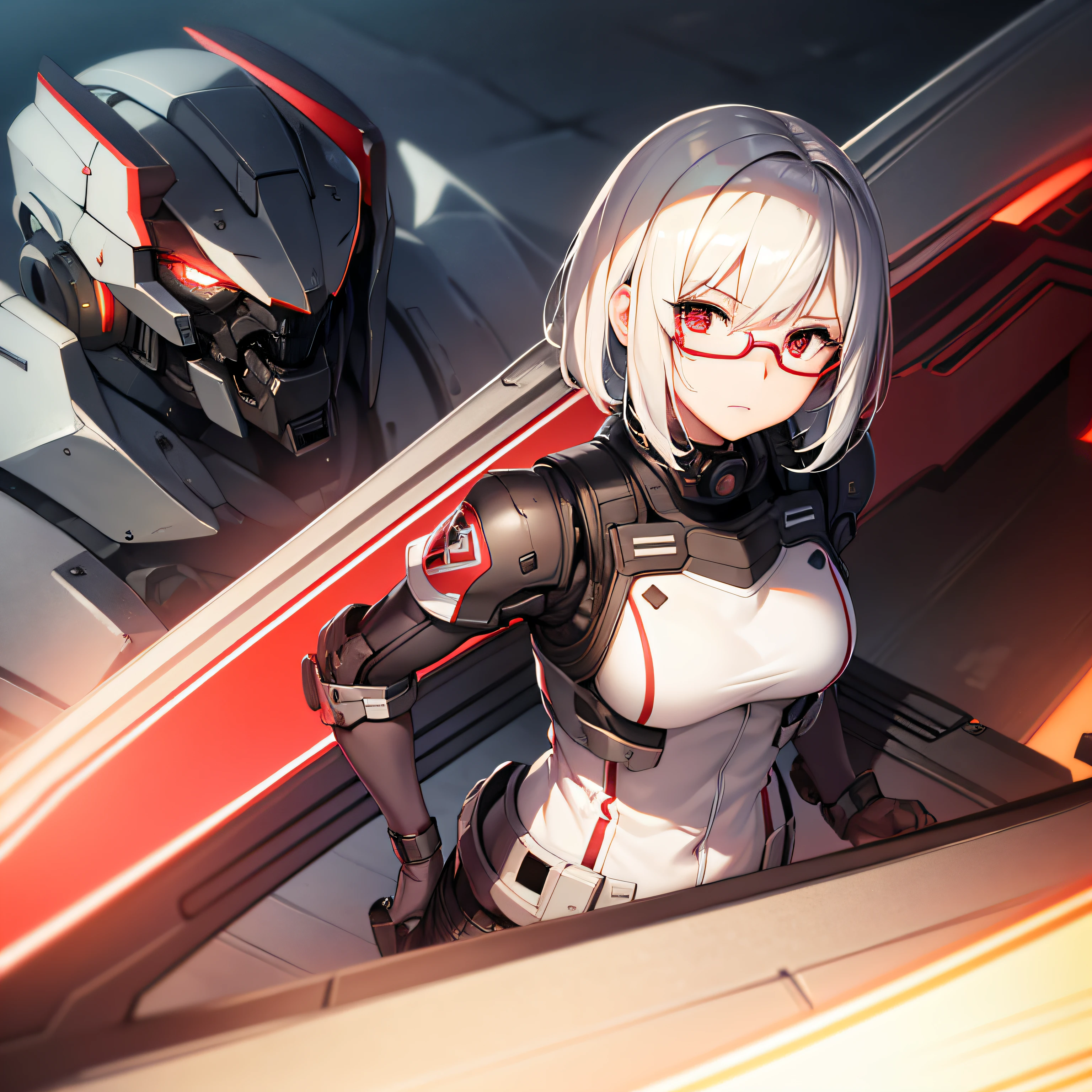 masterpiece , a girl, in battlefield, ( lite white short hair:1.2), (red eyes:1.2), (Mecha:1.2), (looks at the viewer:1.2) , (8k, best quality 1.2), ultra-detailed, 8k uhd, soft lighting, high quality, film grain, beautiful lighting, cinematic ,perfect body , best illumination, best shadow, sharpness, contrast, red glasses, messy hair, tactical vest, gloves, headset, absurdres high detailed face, scared face