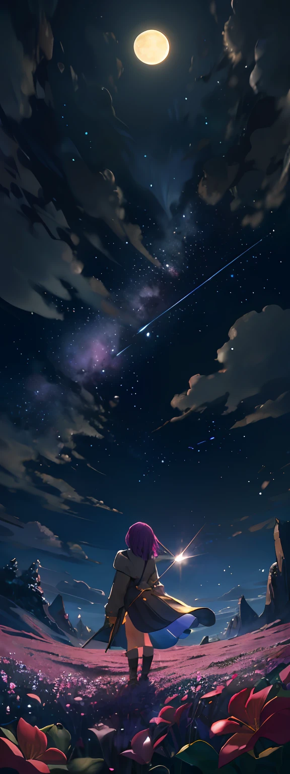Expansive landscape photograph, (view from below with a view of the sky and the wilderness below), little girl standing in a flower field looking up, (full moon: 1.2), (shooting star: 0.9), (nebula: 1.3), distant mountain, tree break production art, (warm light source: 1.2), (firefly: 1.2), lamp, purple and orange, intricate detail, volume lighting BREAK (masterpiece: 1.2), (highest quality ), 4k, ultra-detailed, (dynamic configuration: 1.4), highly detailed and colorful details (iridescent: 1.2), (sparkling lighting, atmospheric lighting), dreamy, magical, (solo: 1.2)